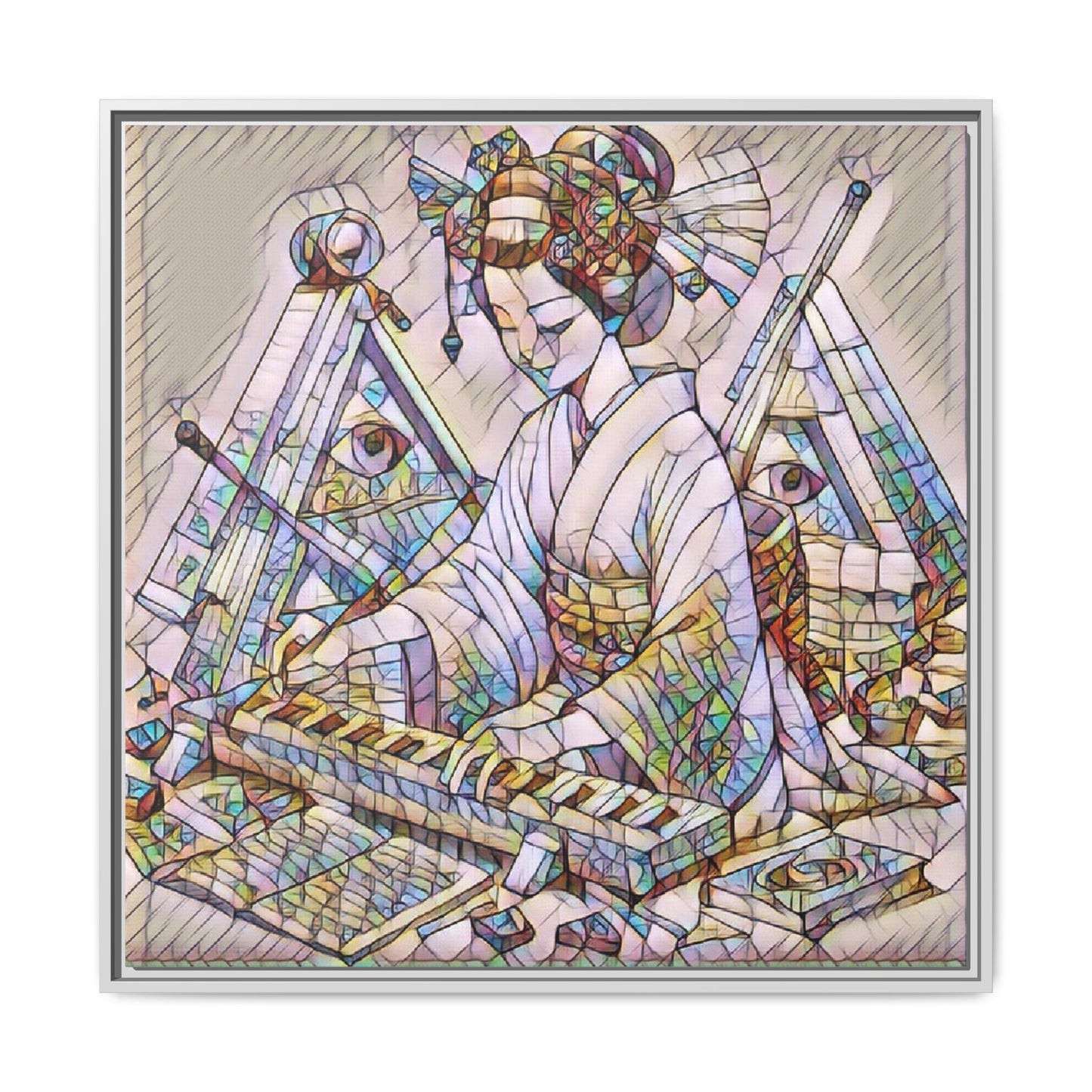 Framed Matte Canvas: Stained-Glass Geisha Wall Art