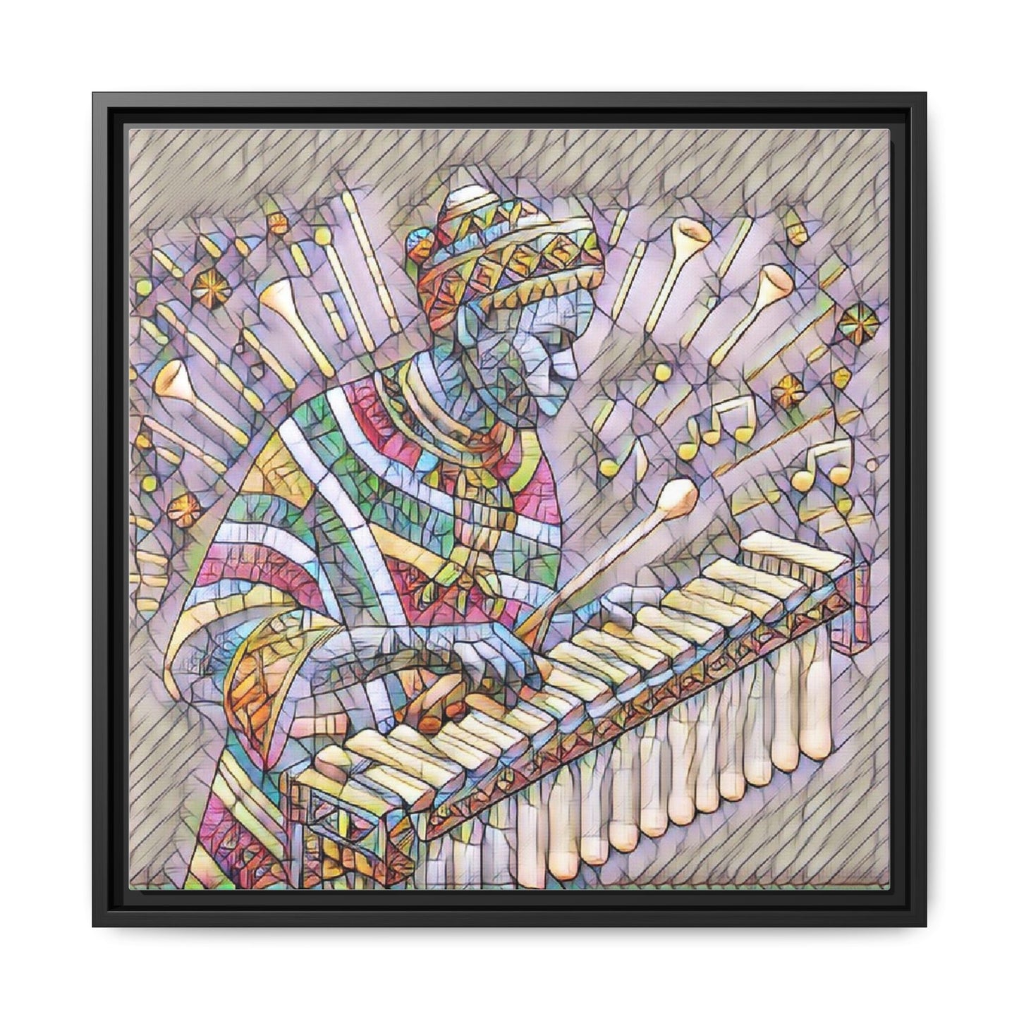 Colorful Marimba Musician Matte Framed Canvas — Vibrant African Instrument Wall Art