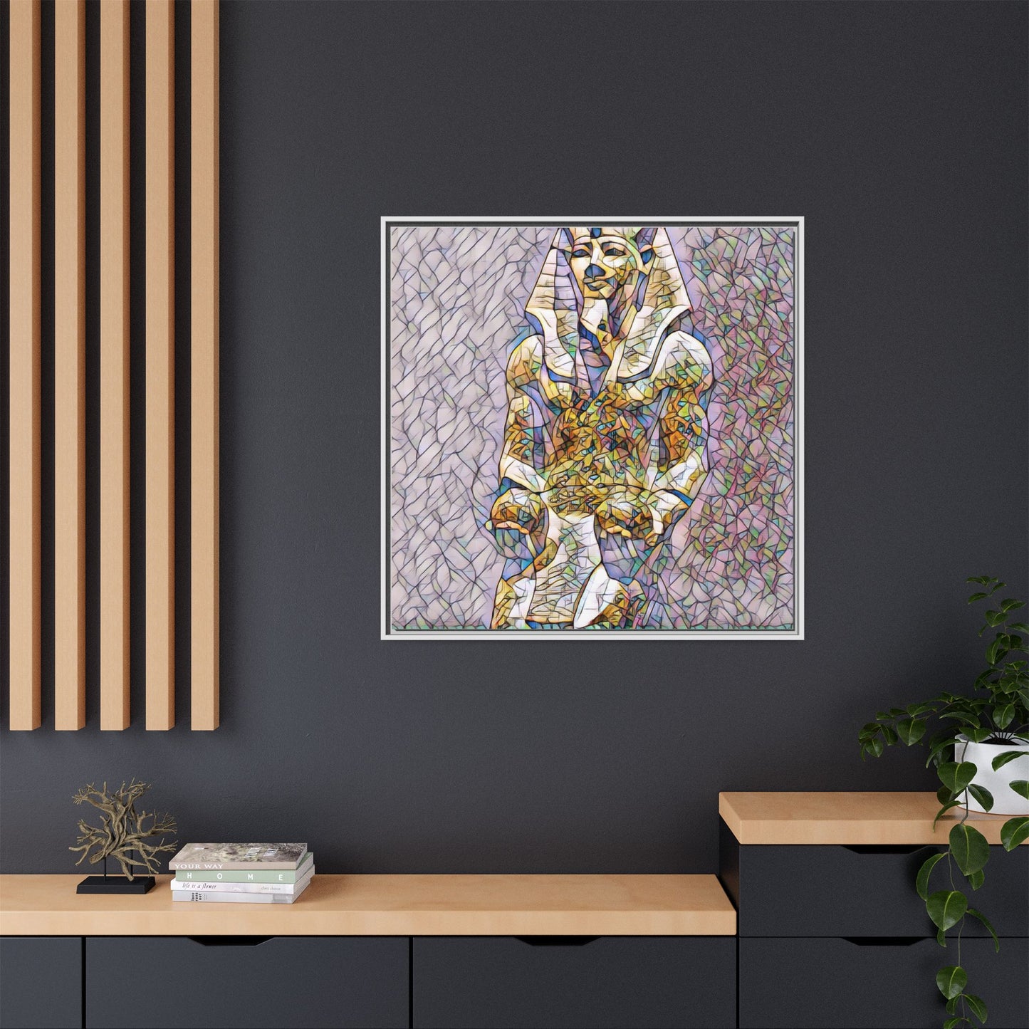Framed Abstract Pharaoh Matte Canvas Wall Art — Multicolor Egyptian Statue Print