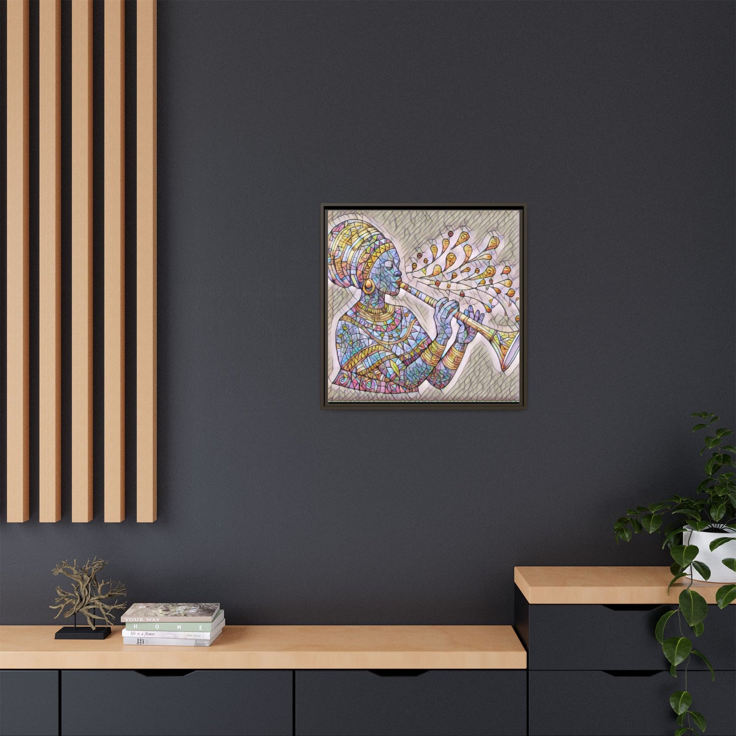 Framed Matte Canvas Art – Colorful African Musician Trumpet Print