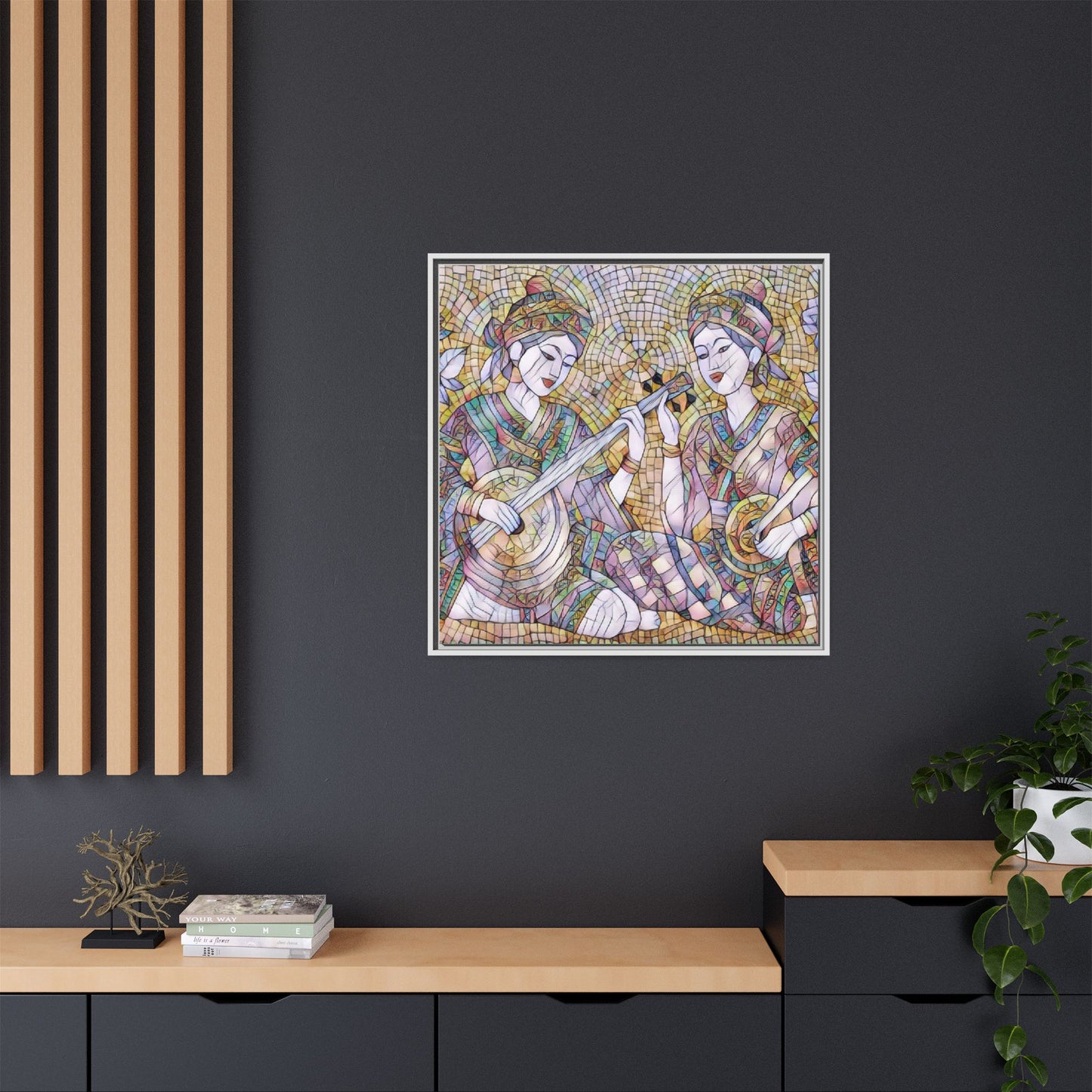 Framed Mosaic Musician Canvas Art — Ethnic Duo Wall Decor