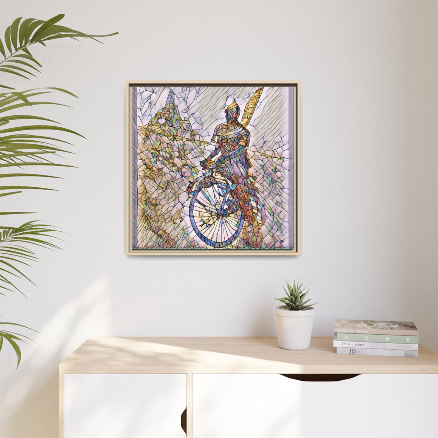 Cyclist Stained Glass Art Print — Framed Matte Canvas