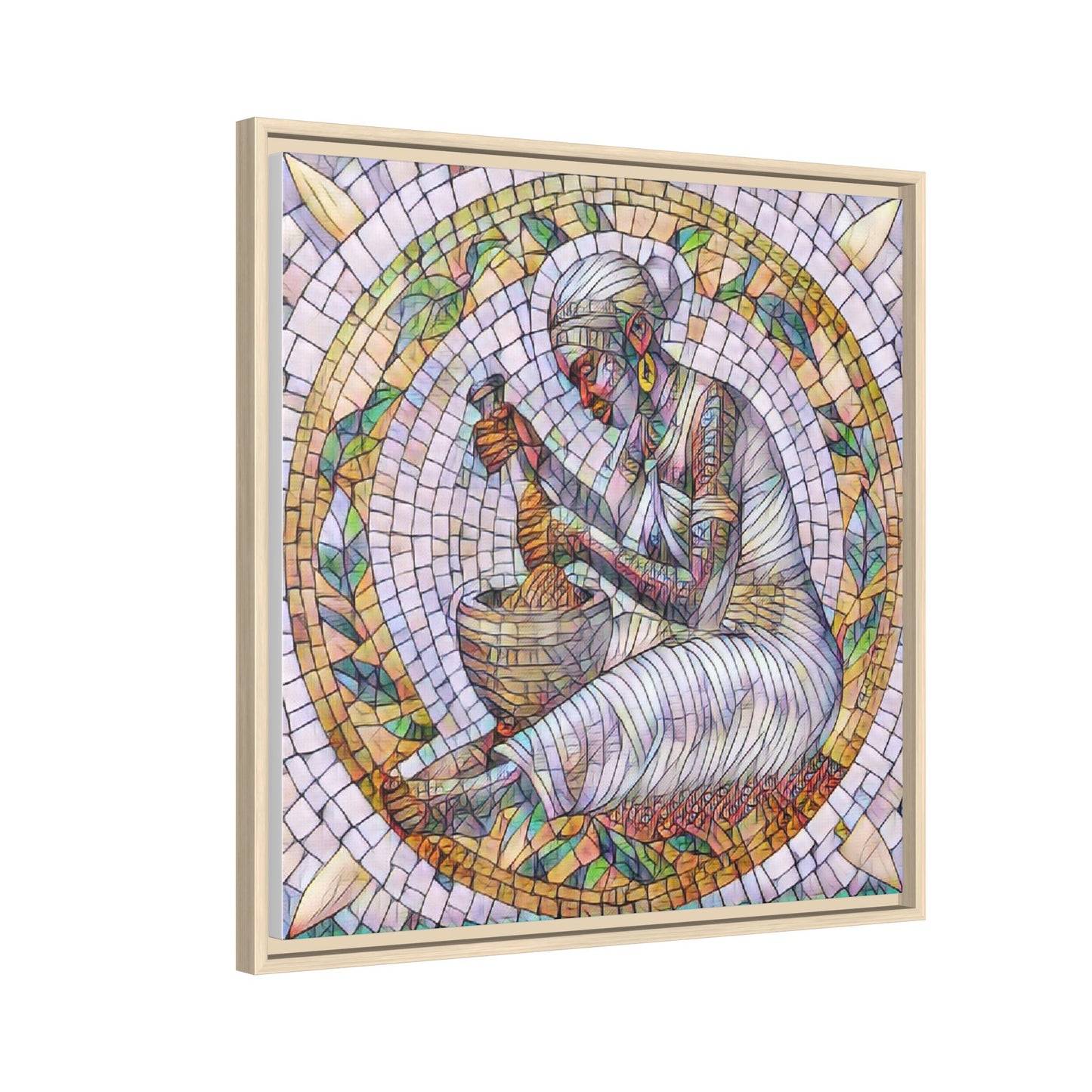 Framed Mosaic Art Print — Woman Grinding Grain (Matte Canvas)