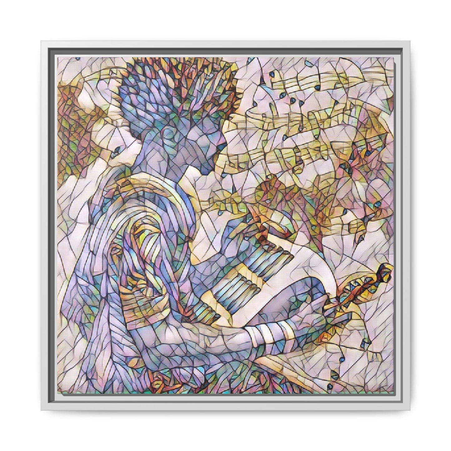 Abstract Jazz Musician Framed Canvas Art — Colorful Stained-Glass Style Wall Decor