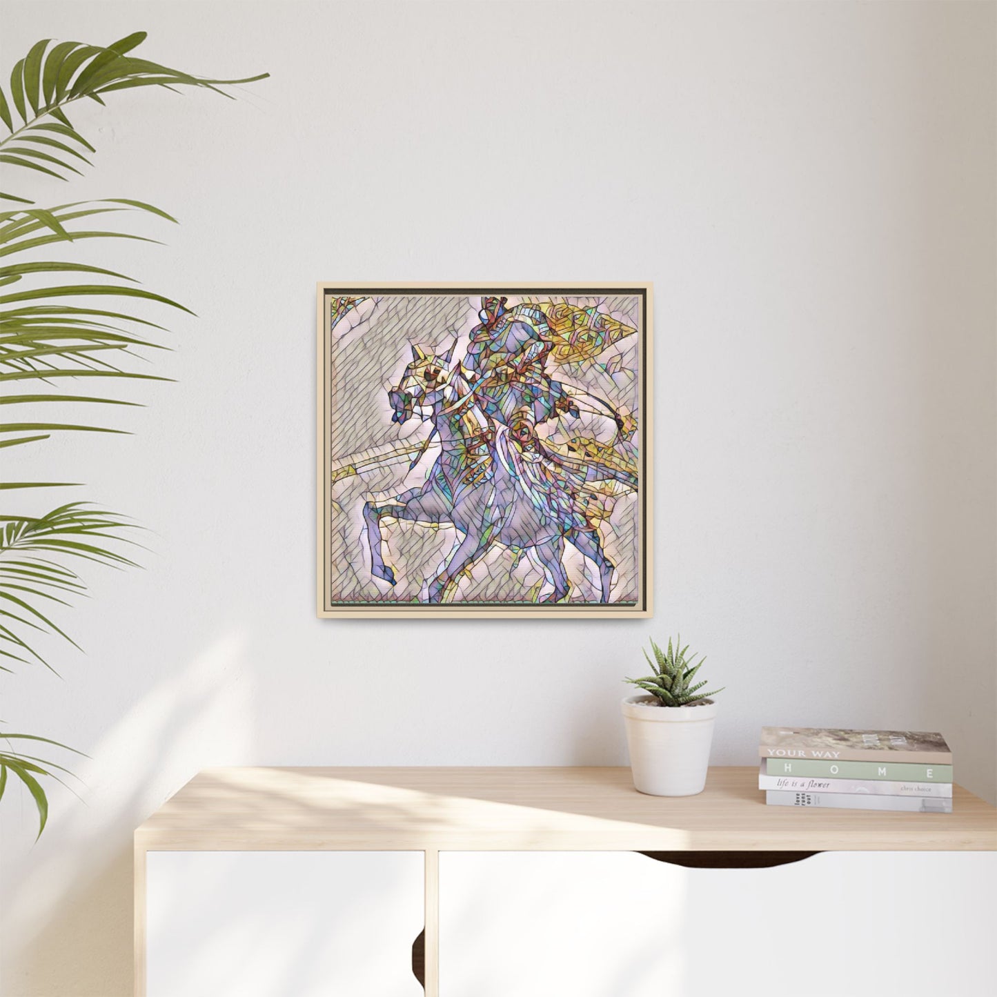 Framed Matte Canvas Art — Stained Glass Knight on Horse Fantasy Wall Decor