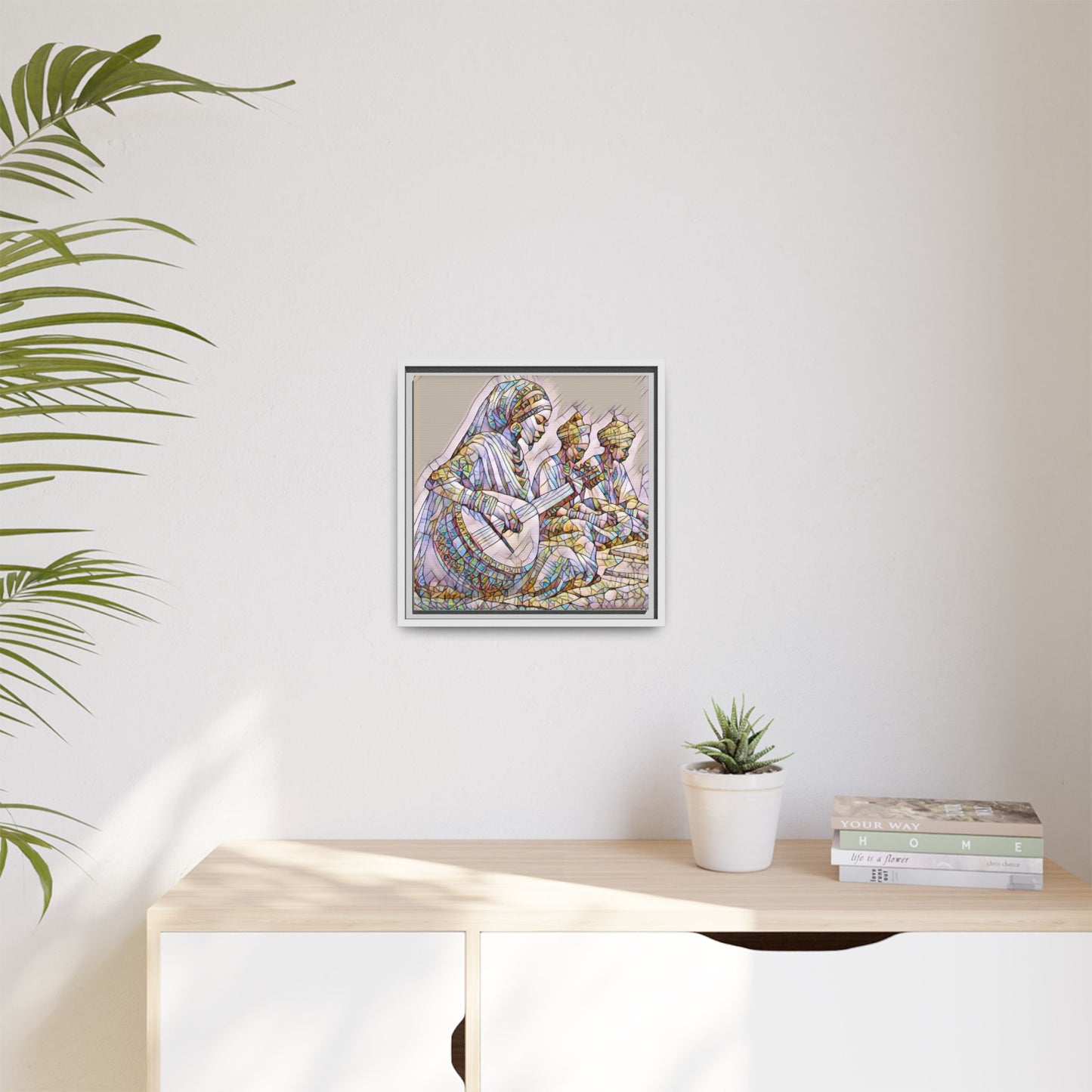 Framed Matte Canvas: Colorful Moroccan Musicians Wall Art
