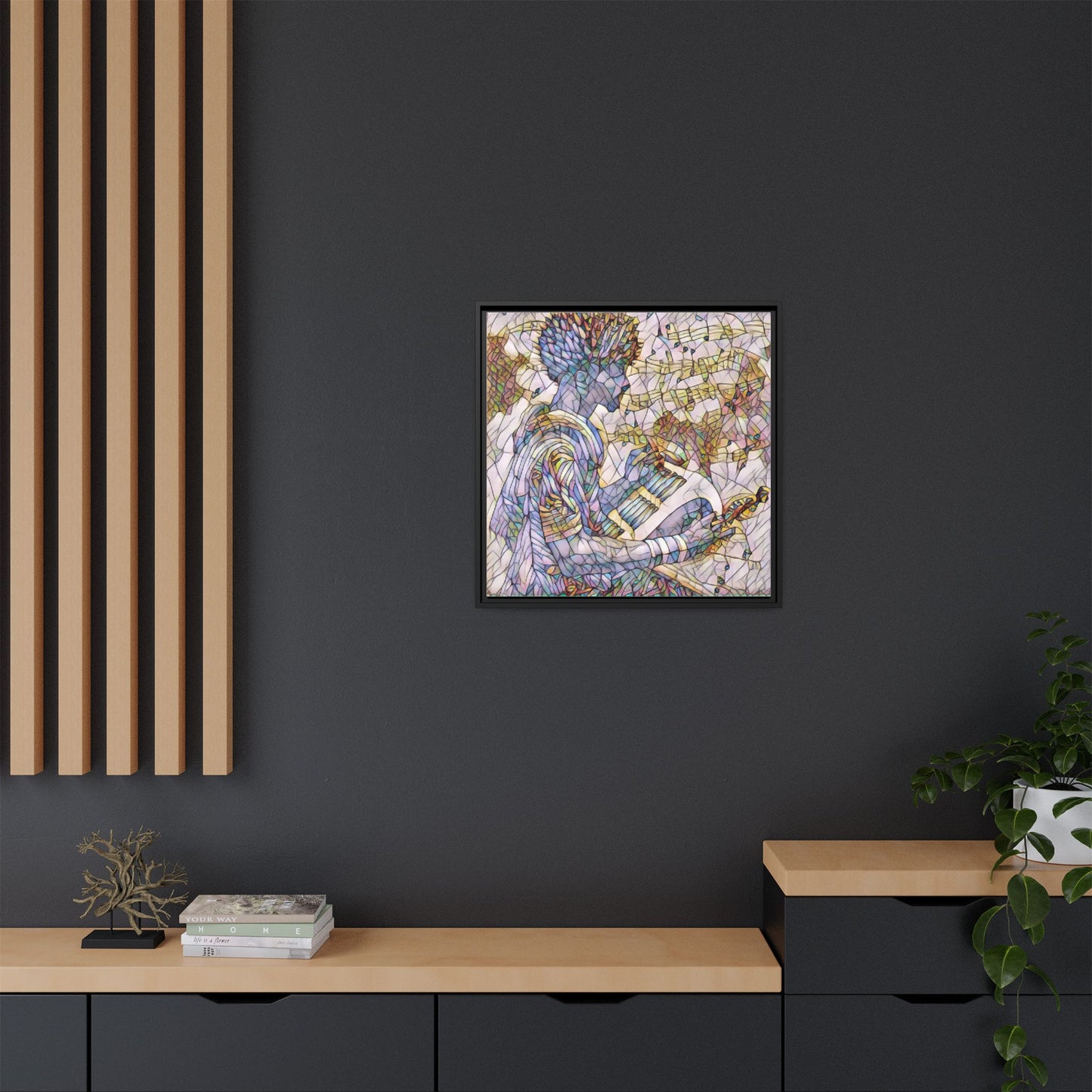 Abstract Jazz Musician Framed Canvas Art — Colorful Stained-Glass Style Wall Decor