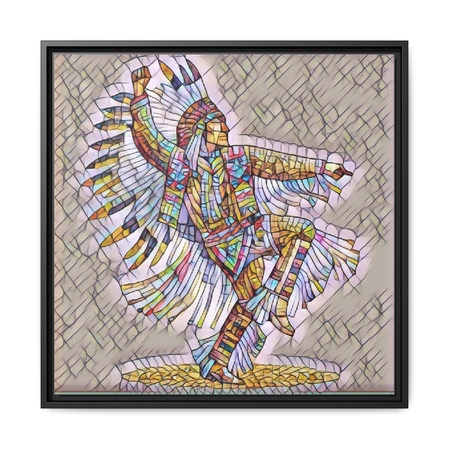 Colorful Native Dancer Framed Canvas Art — Stained Glass Style Wall Decor