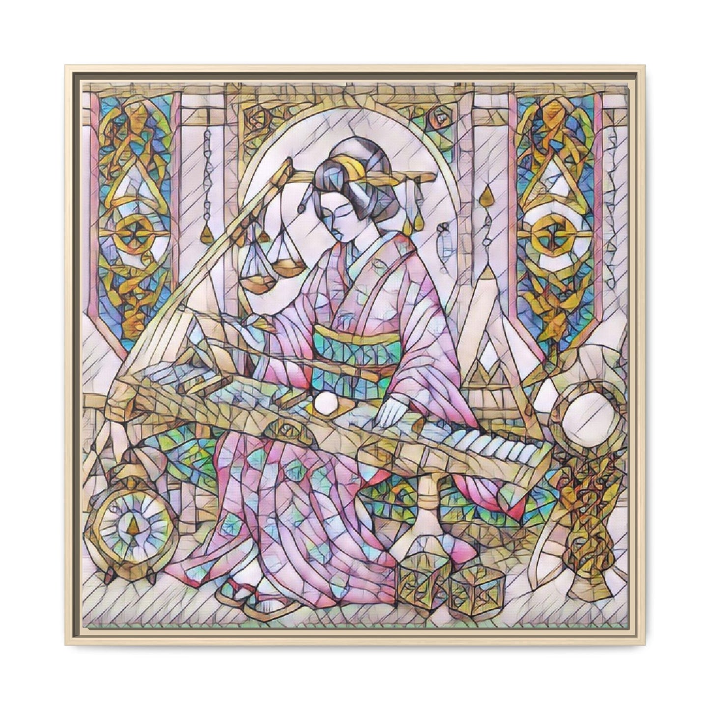 Framed Matte Canvas — Geisha Harp Stained-Glass Art Print