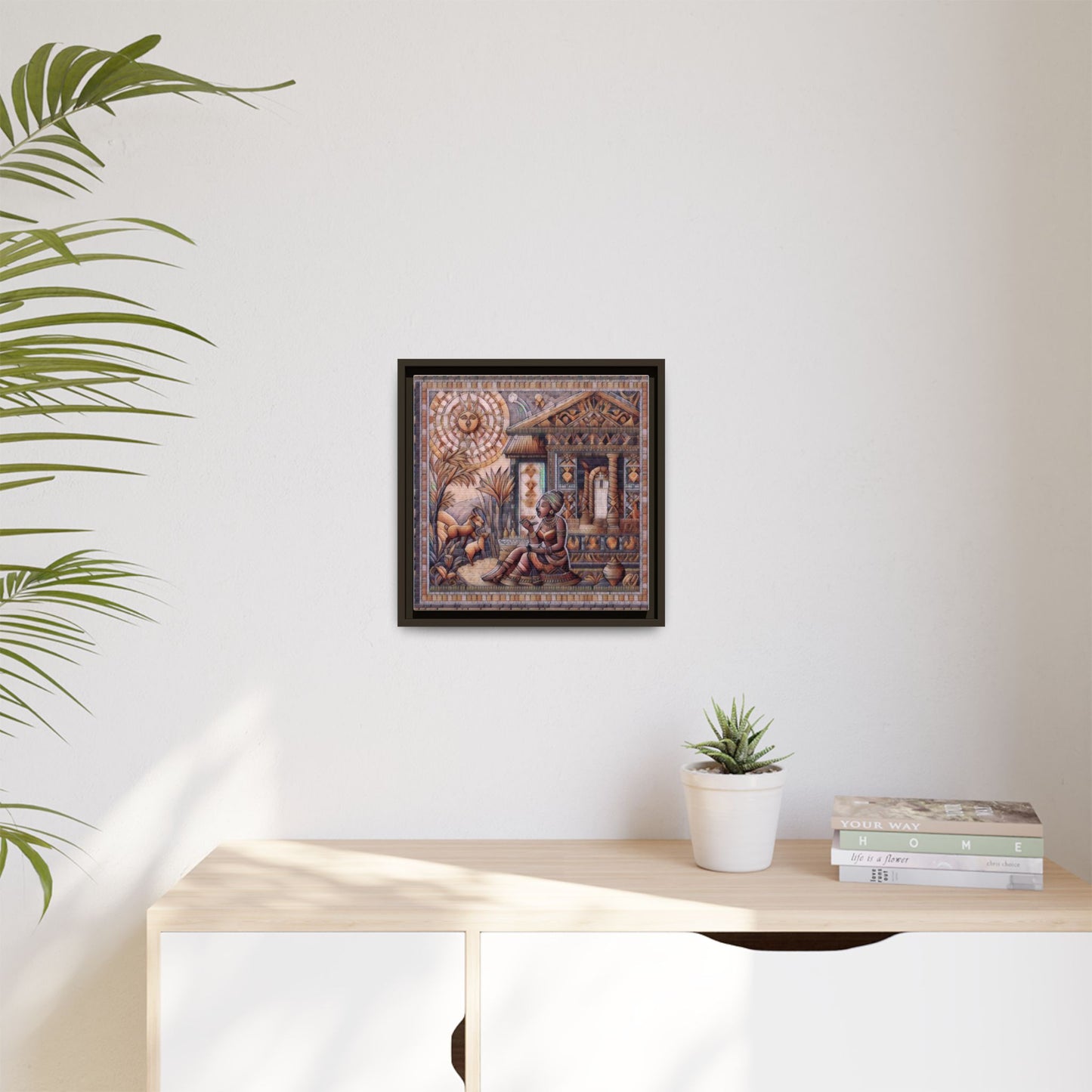 Egyptian Goddess Mosaic Framed Canvas Art — Colorful Ancient Ritual Wall Decor