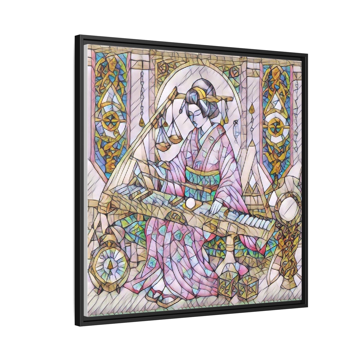 Framed Matte Canvas — Geisha Harp Stained-Glass Art Print
