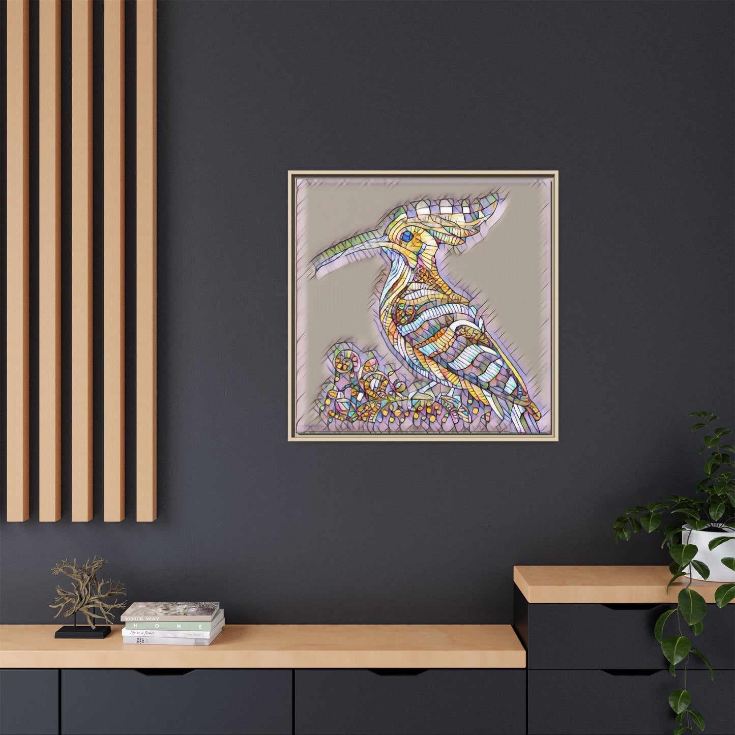 Colorful Mosaic Bird Framed Canvas Art — Whimsical Hoopoe Wall Decor