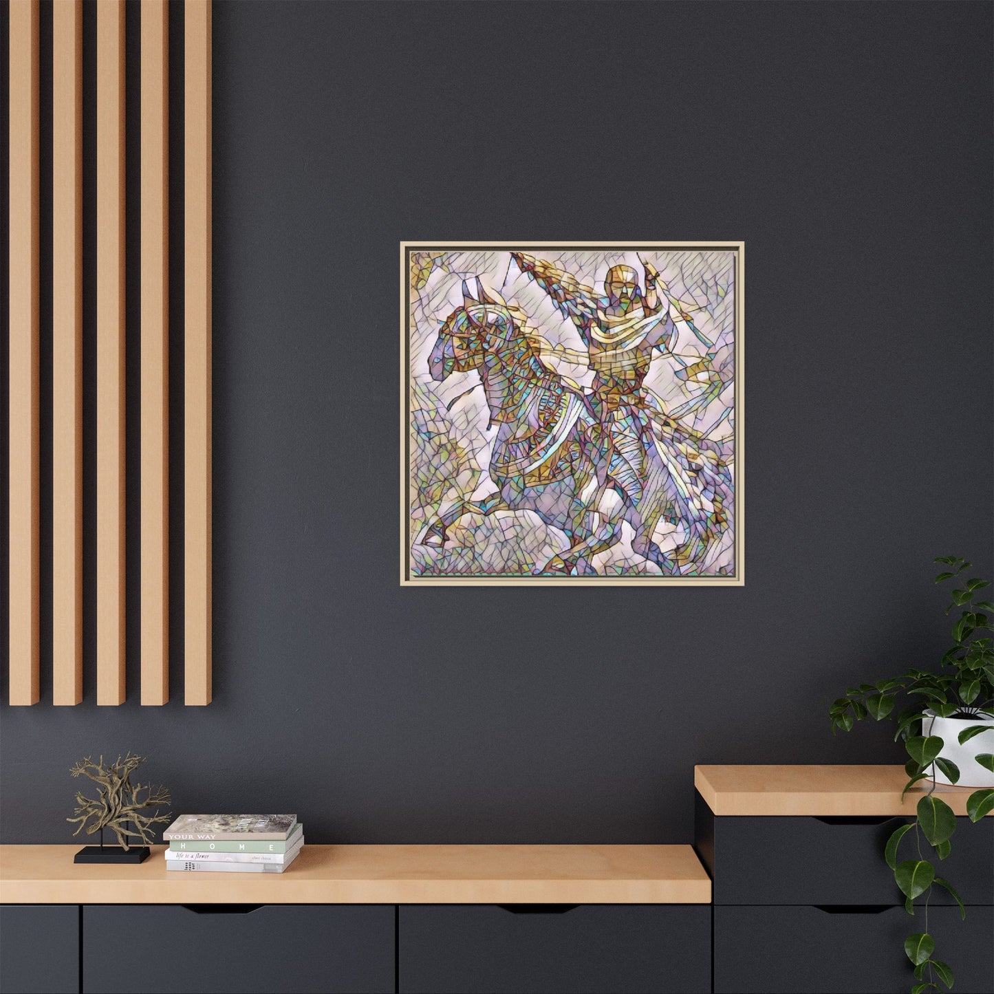 Framed Matte Canvas Print — Stained Glass Knight on Horse Artwork