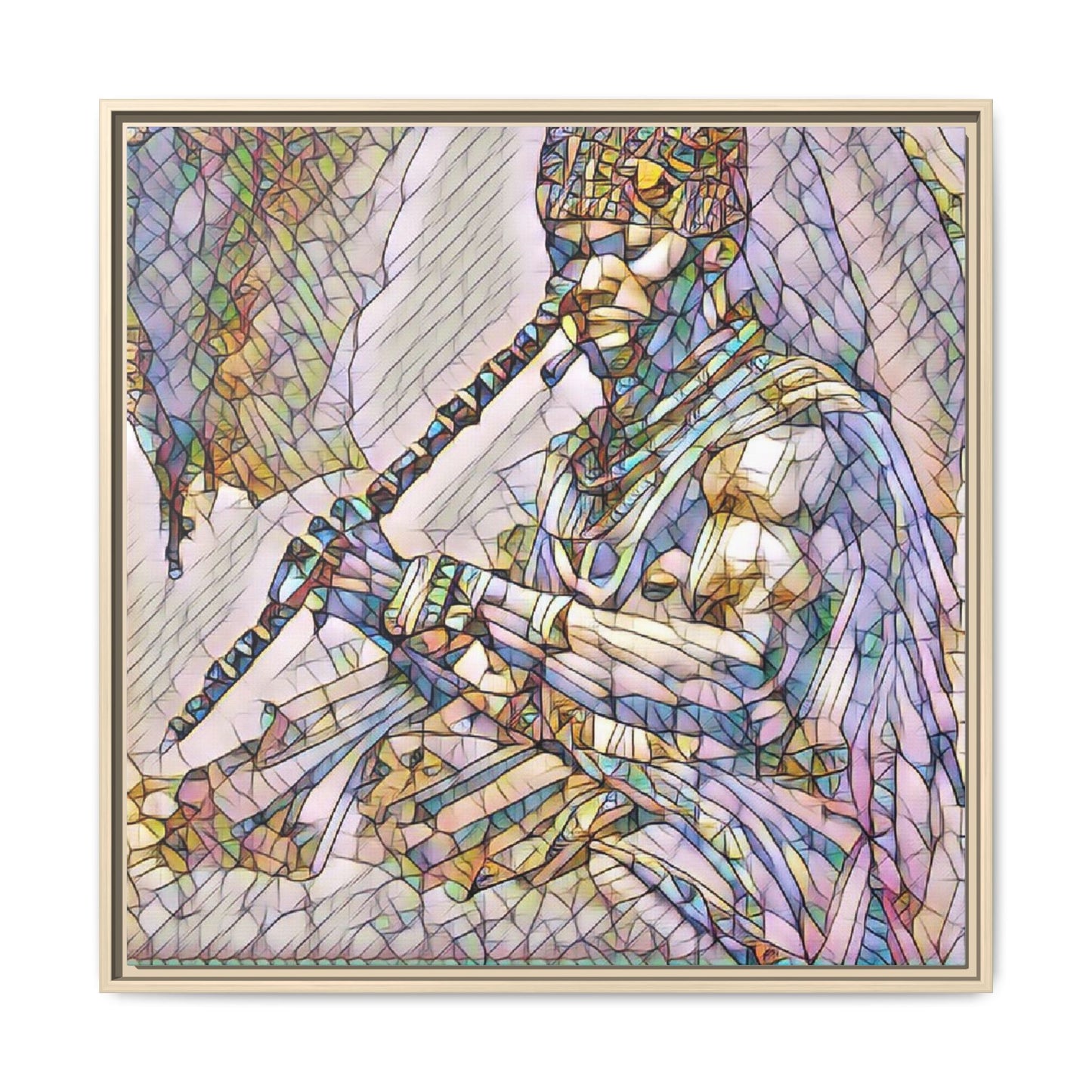 Tribal Flute Musician Stained-Glass Framed Canvas Art