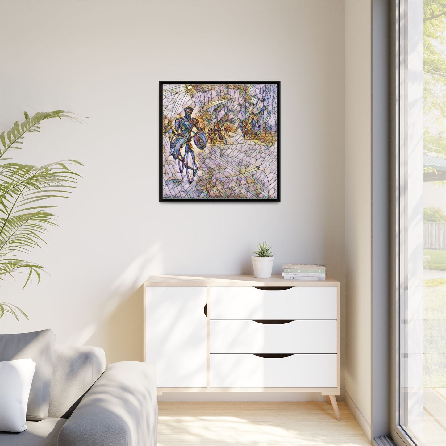 Cyclist Mosaic Matte Canvas Framed Wall Art — Colorful Biking Scene