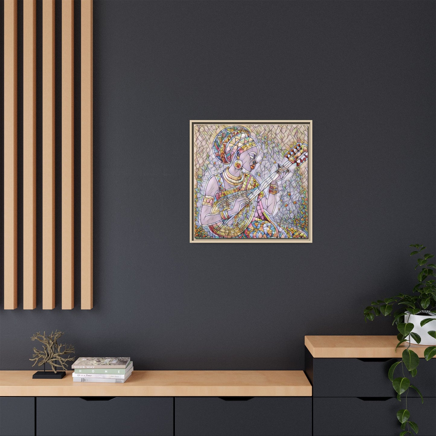 Framed Canvas Art — Colorful African Woman Playing Lute (Matte Multi‑Color)