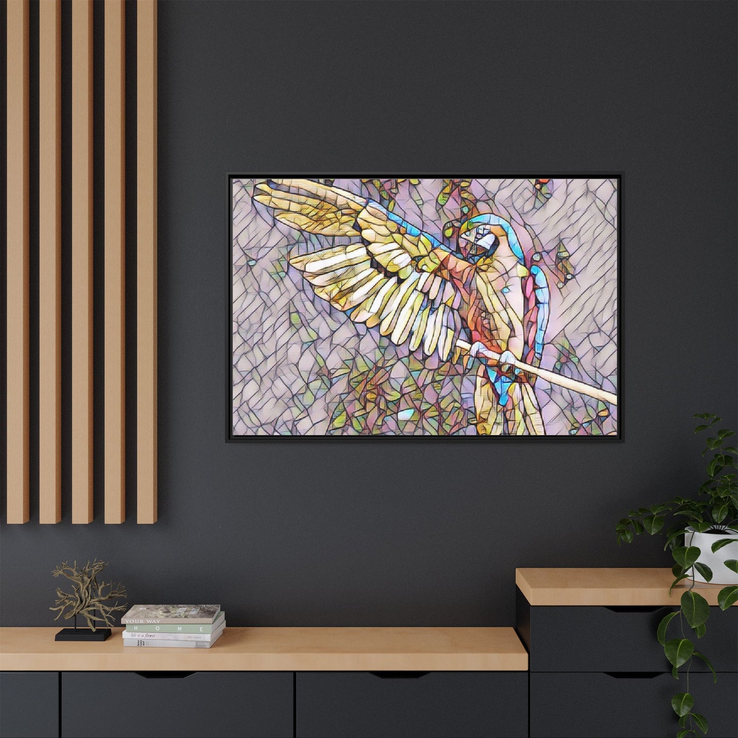 Framed Parrot Stained-Glass Art Print — Matte Canvas Wall Decor