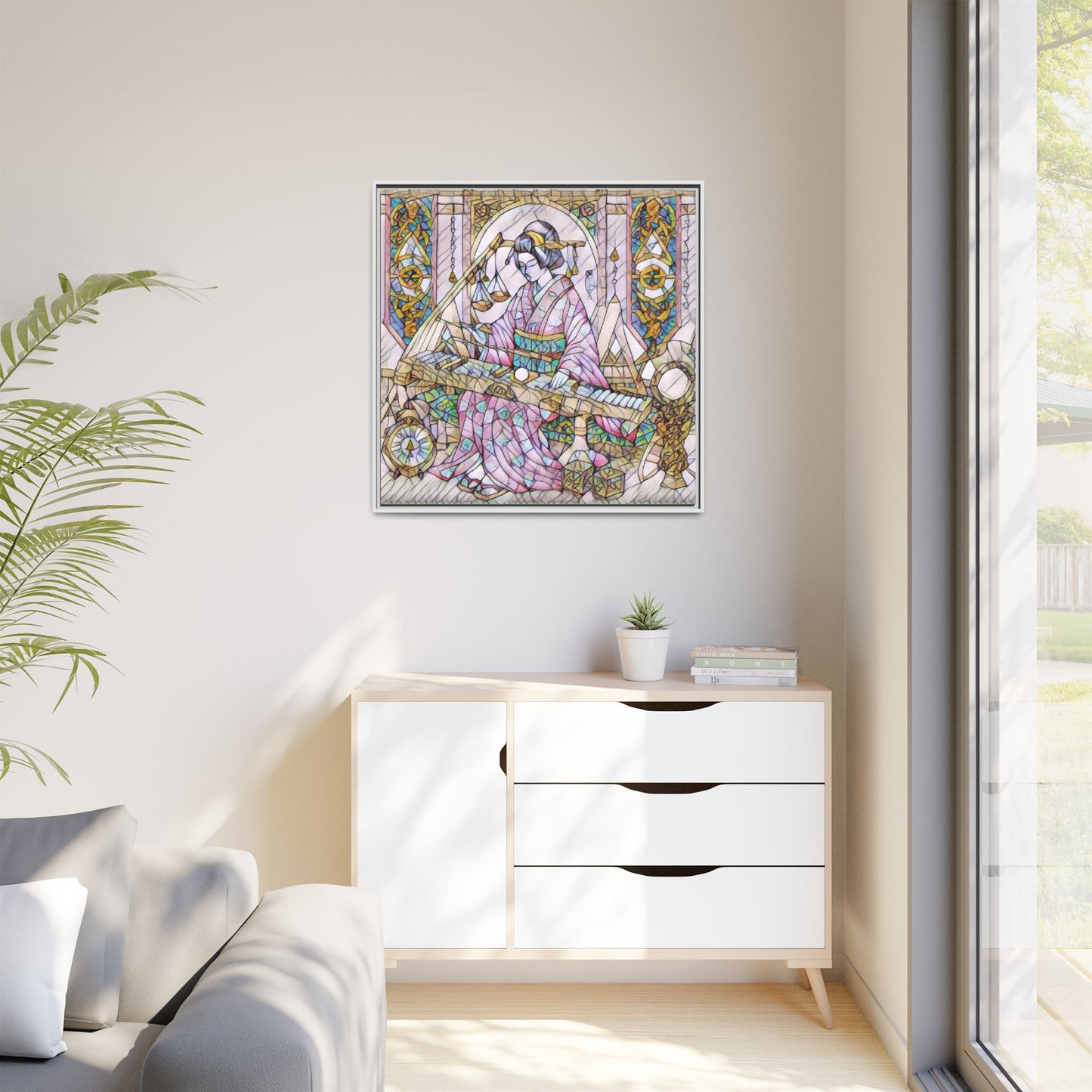 Framed Matte Canvas — Geisha Harp Stained-Glass Art Print