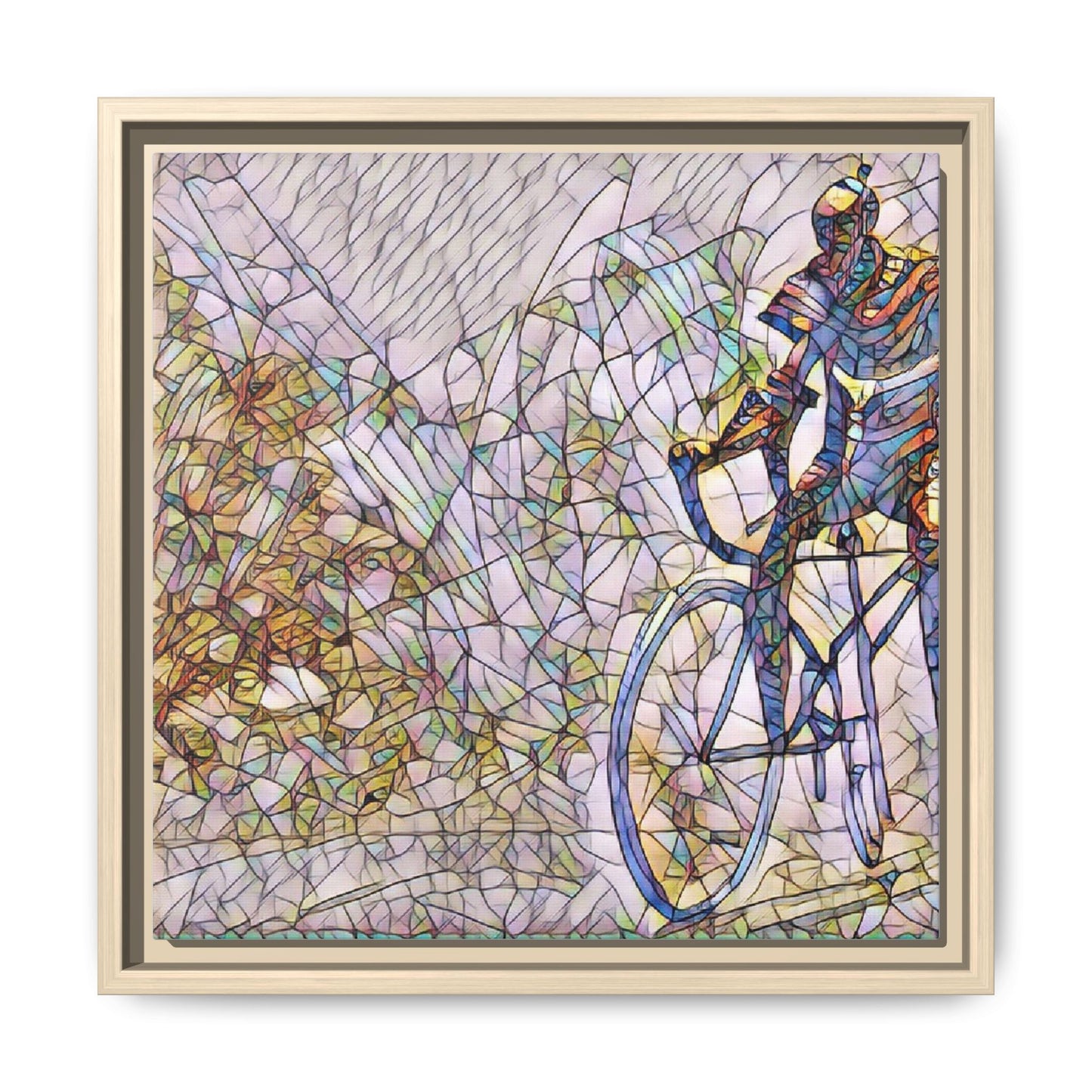 Colorful Cyclist Stained-Glass Art — Framed Matte Canvas