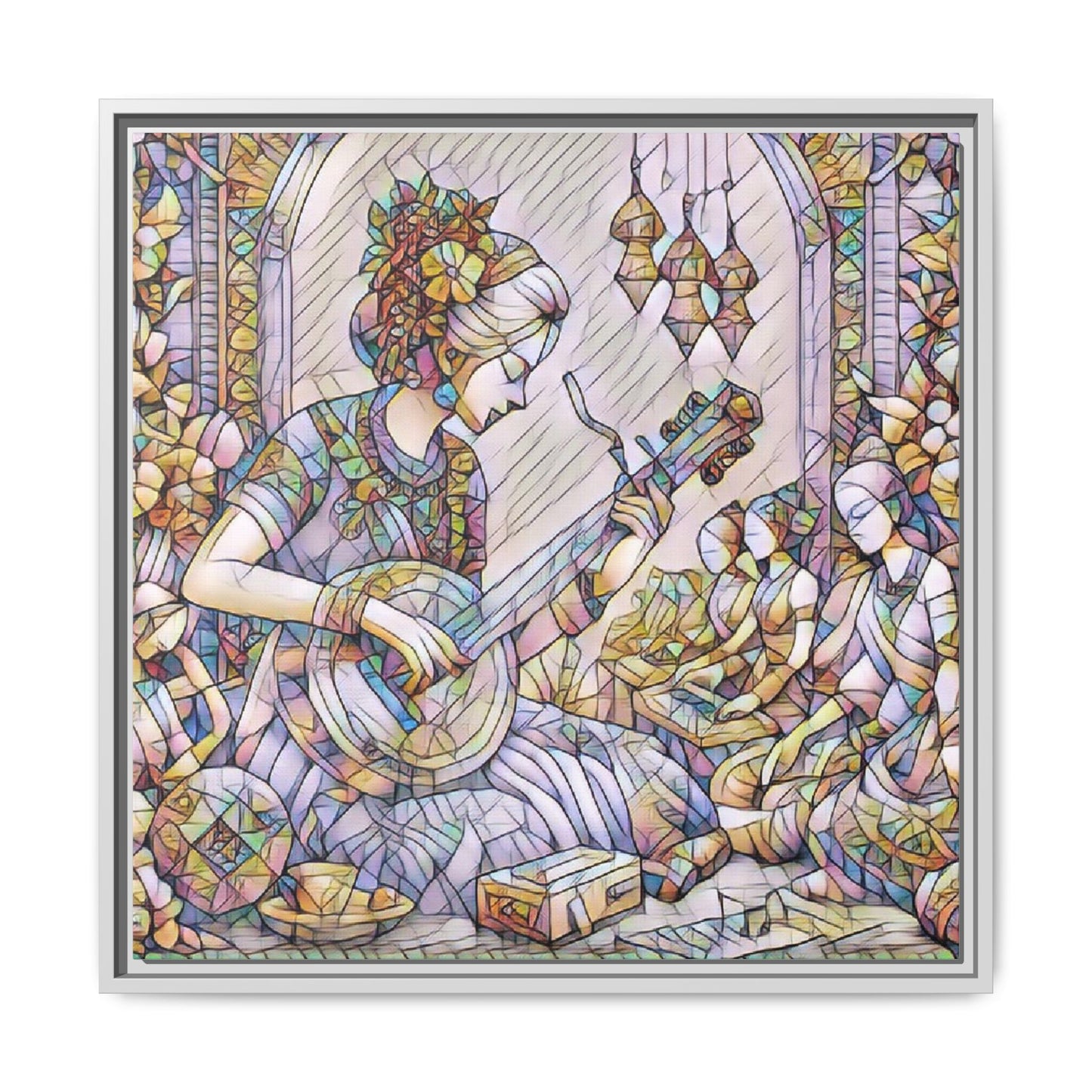Framed Matte Canvas: Bohemian Woman Playing Lute — Stained-Glass Style Wall Art