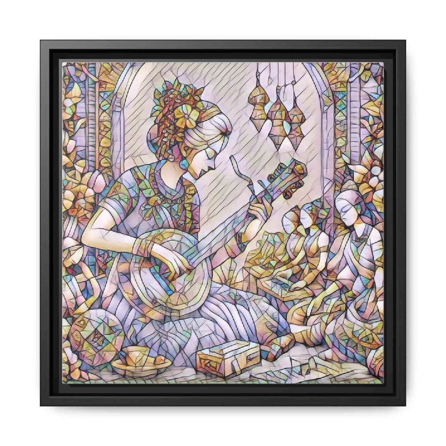 Framed Matte Canvas: Bohemian Woman Playing Lute — Stained-Glass Style Wall Art