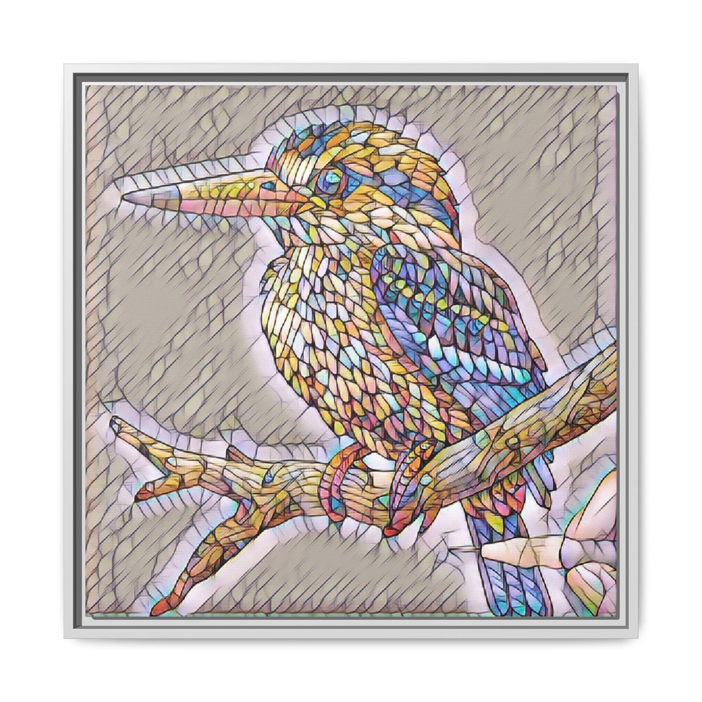 Colorful Kingfisher Framed Canvas Wall Art — Stained-Glass Style Bird Print