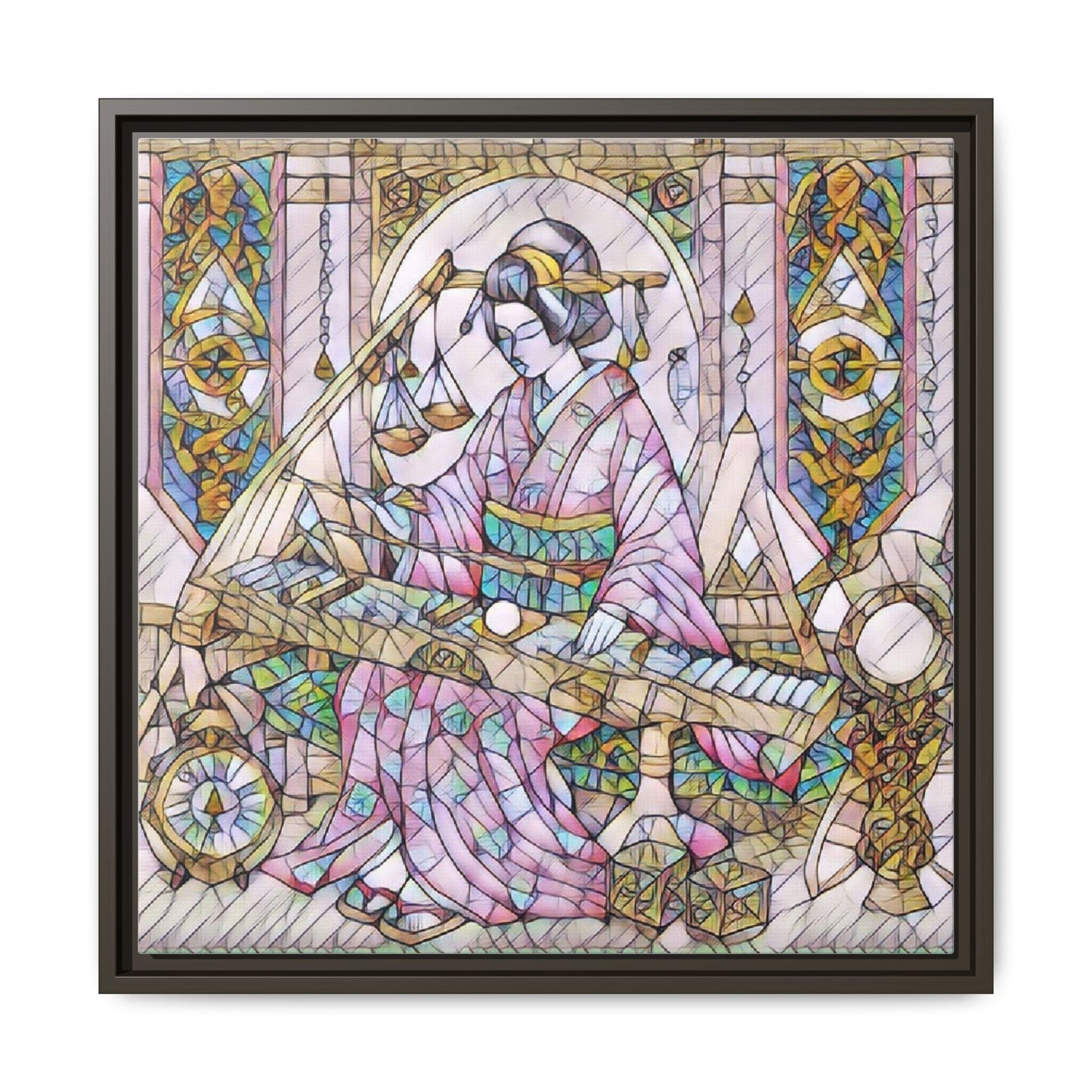 Framed Matte Canvas — Geisha Harp Stained-Glass Art Print
