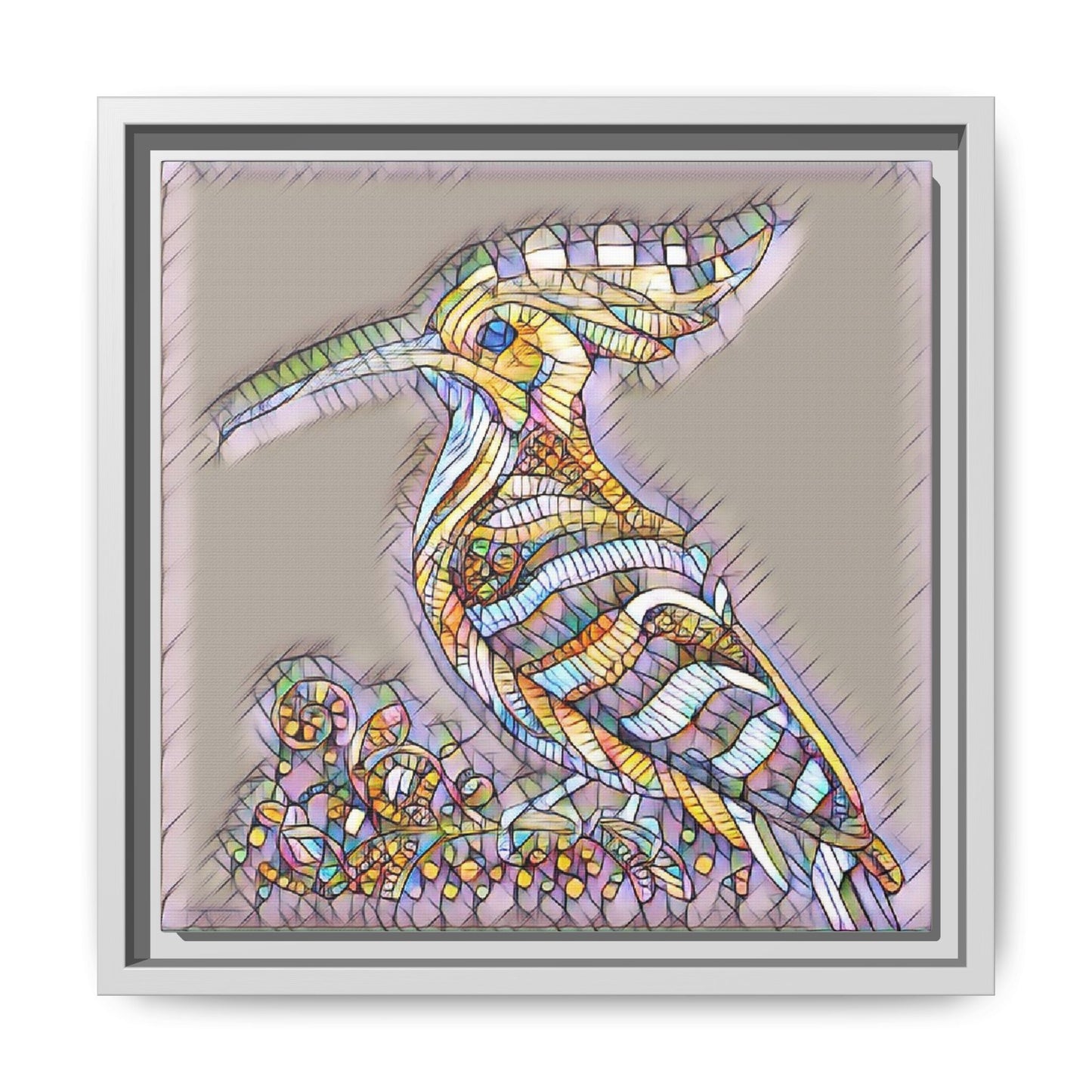 Colorful Mosaic Bird Framed Canvas Art — Whimsical Hoopoe Wall Decor