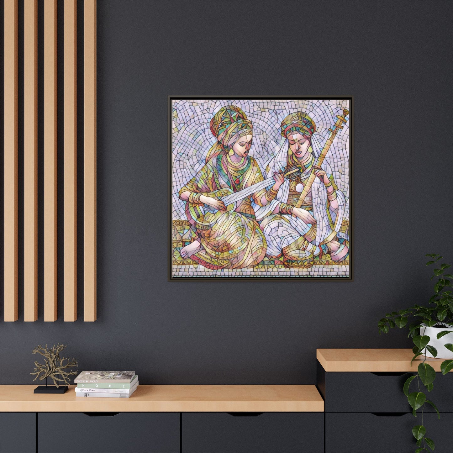 Framed Mosaic Art Print — Two Women Playing Lutes (Matte Canvas)