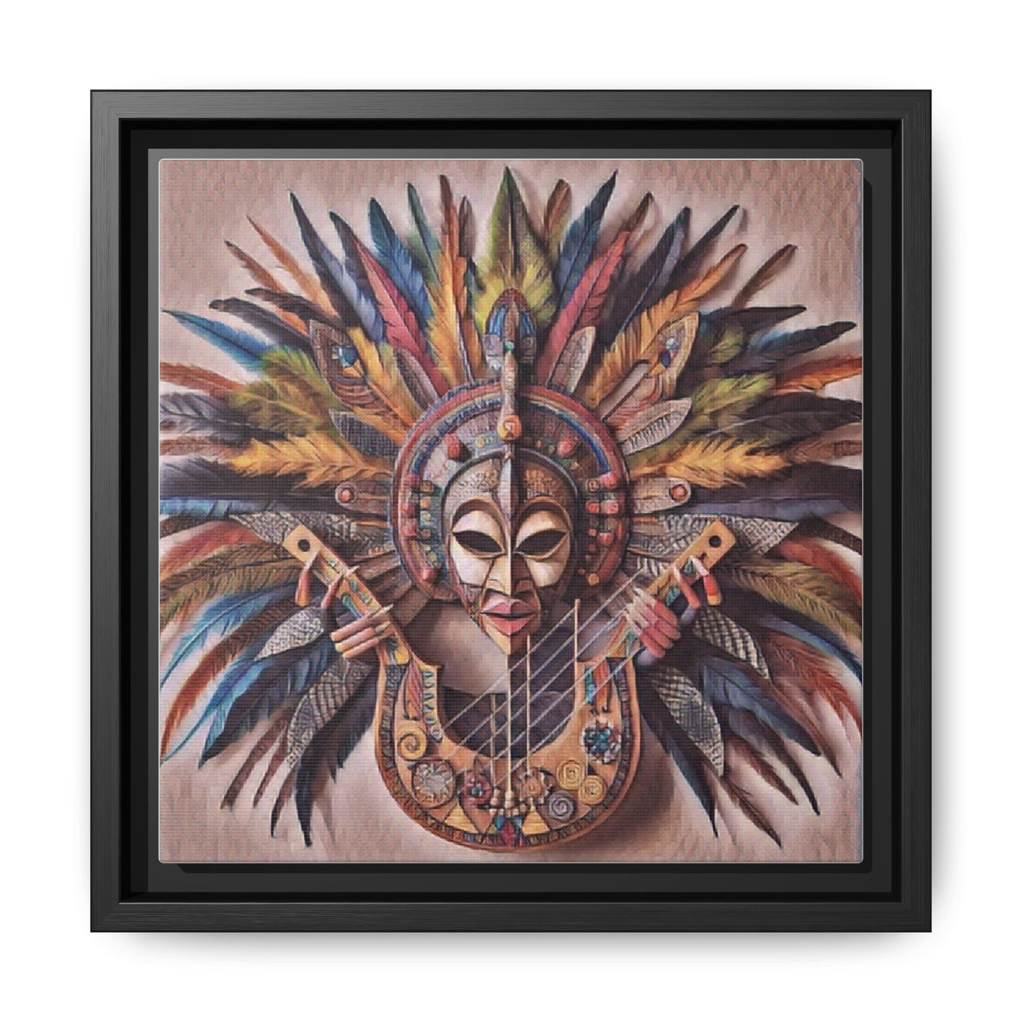 Tribal Feather Mask Guitar Framed Canvas Art — Colorful Boho Wall Decor