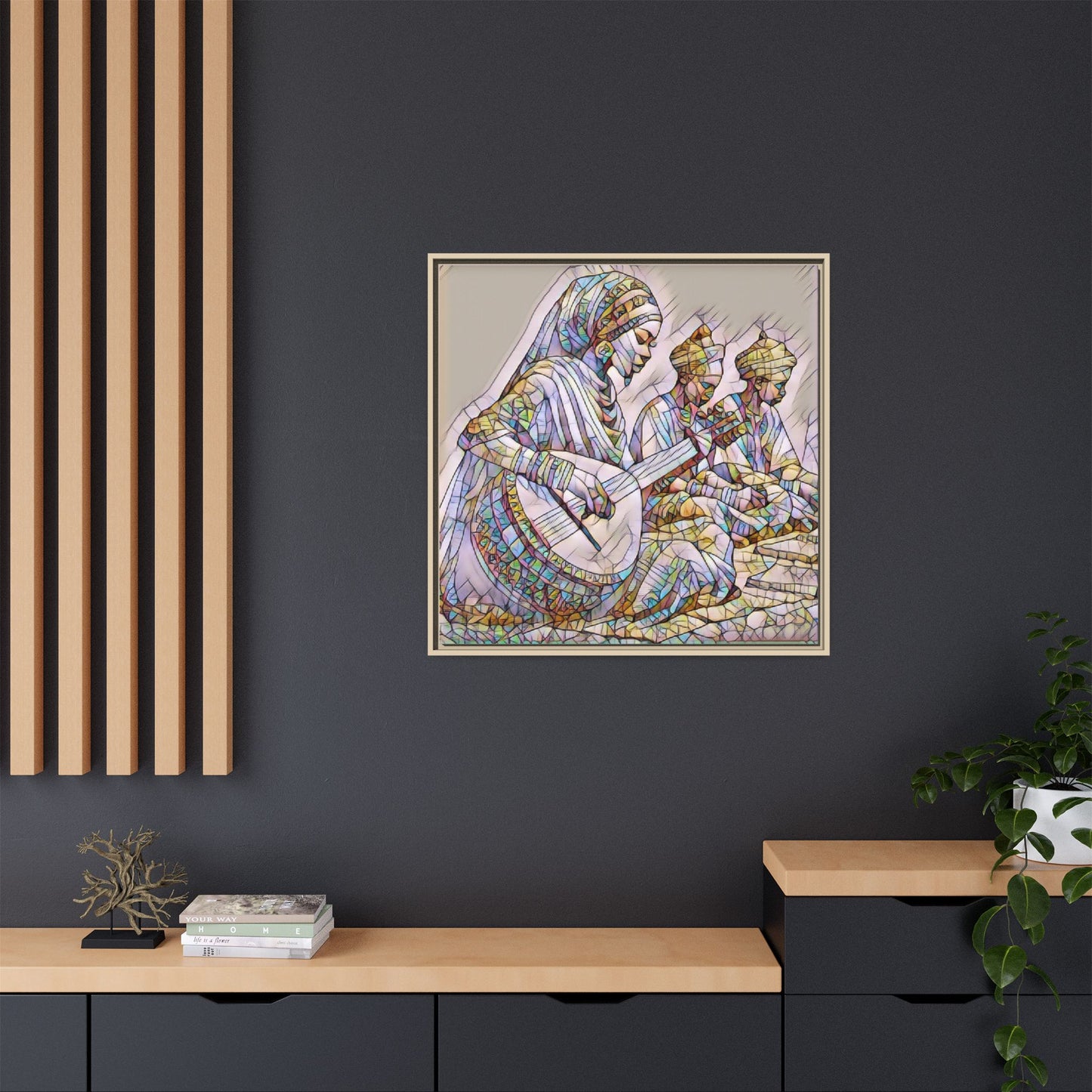 Framed Matte Canvas: Colorful Moroccan Musicians Wall Art