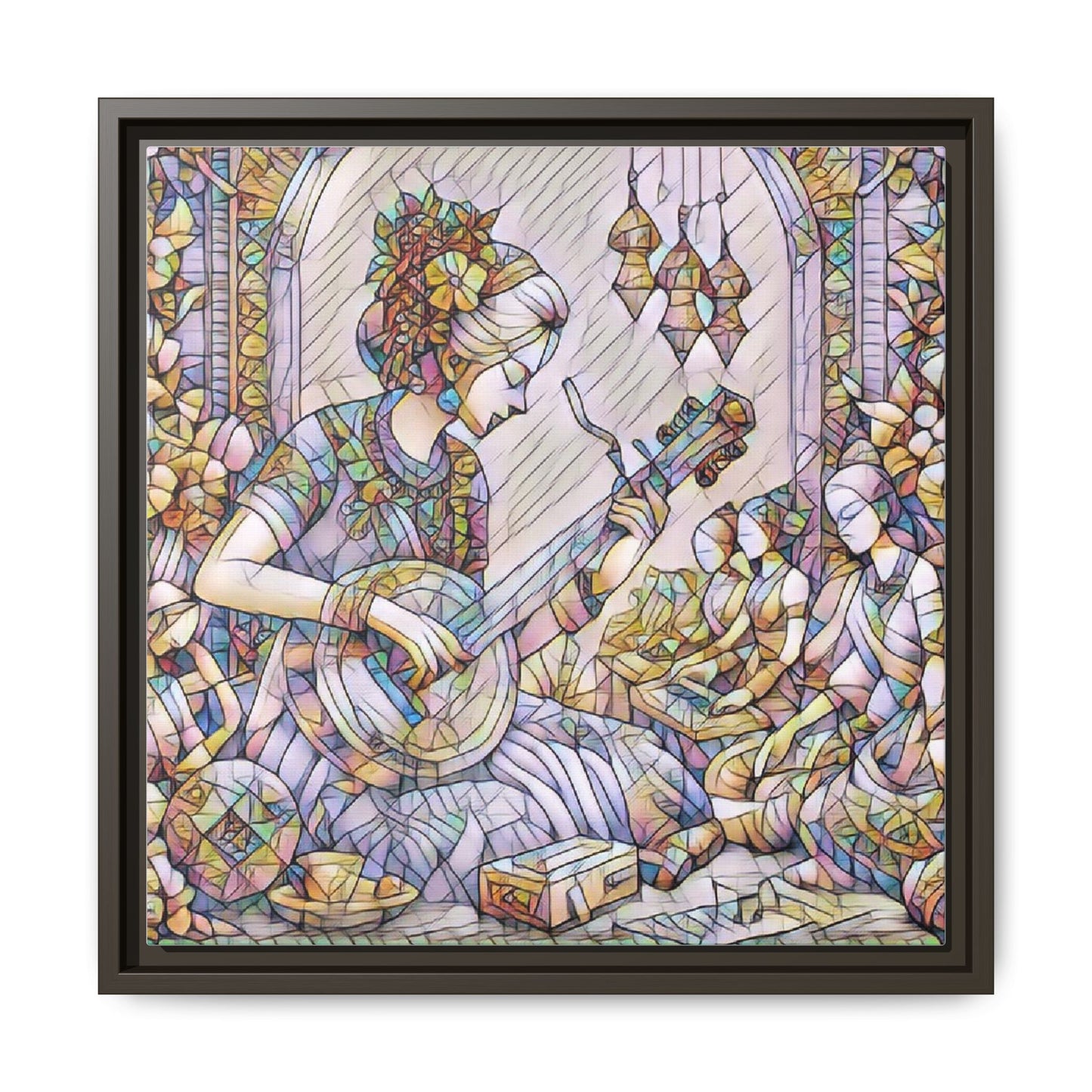 Framed Matte Canvas: Bohemian Woman Playing Lute — Stained-Glass Style Wall Art
