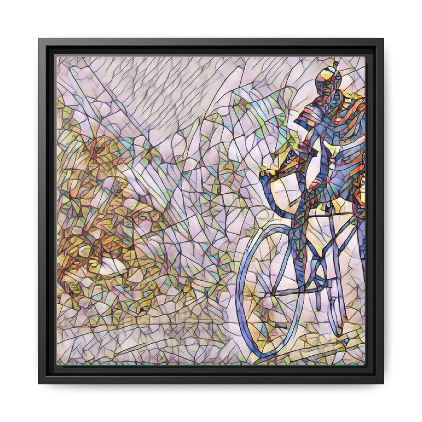 Colorful Cyclist Stained-Glass Art — Framed Matte Canvas