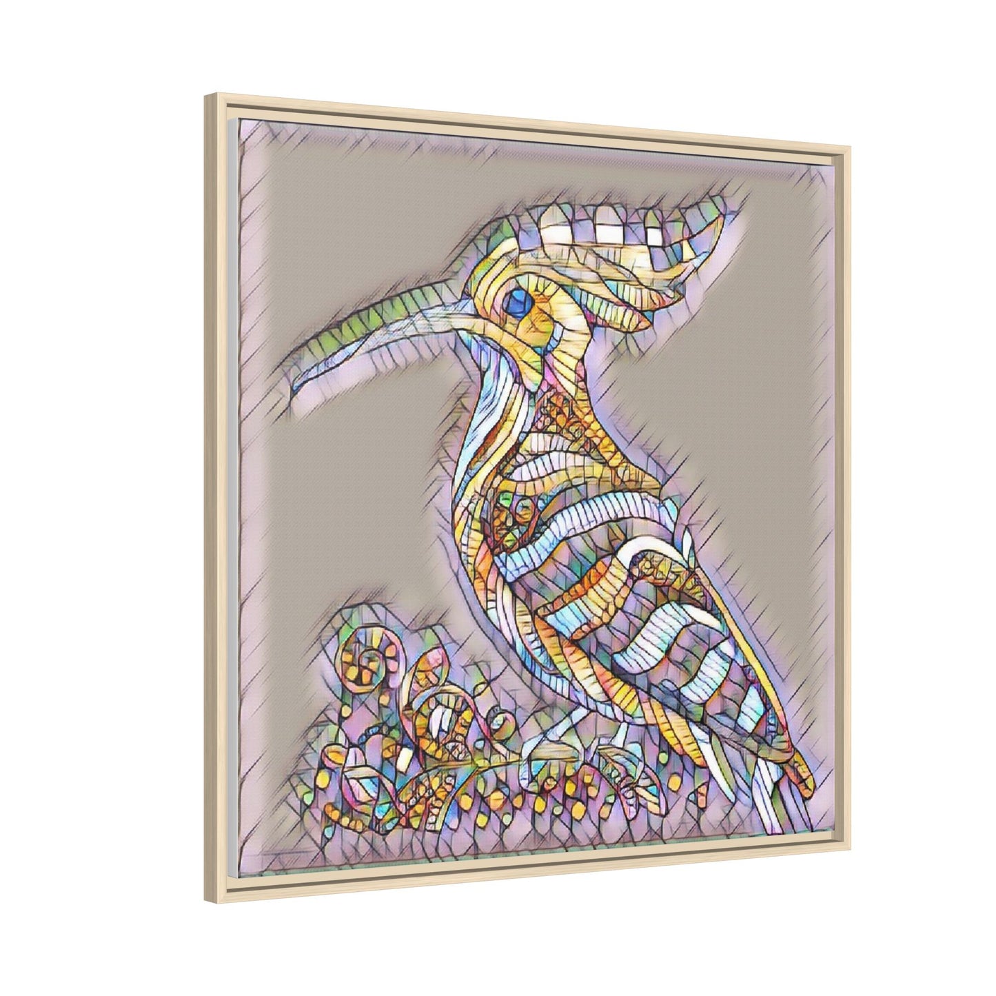 Colorful Mosaic Bird Framed Canvas Art — Whimsical Hoopoe Wall Decor