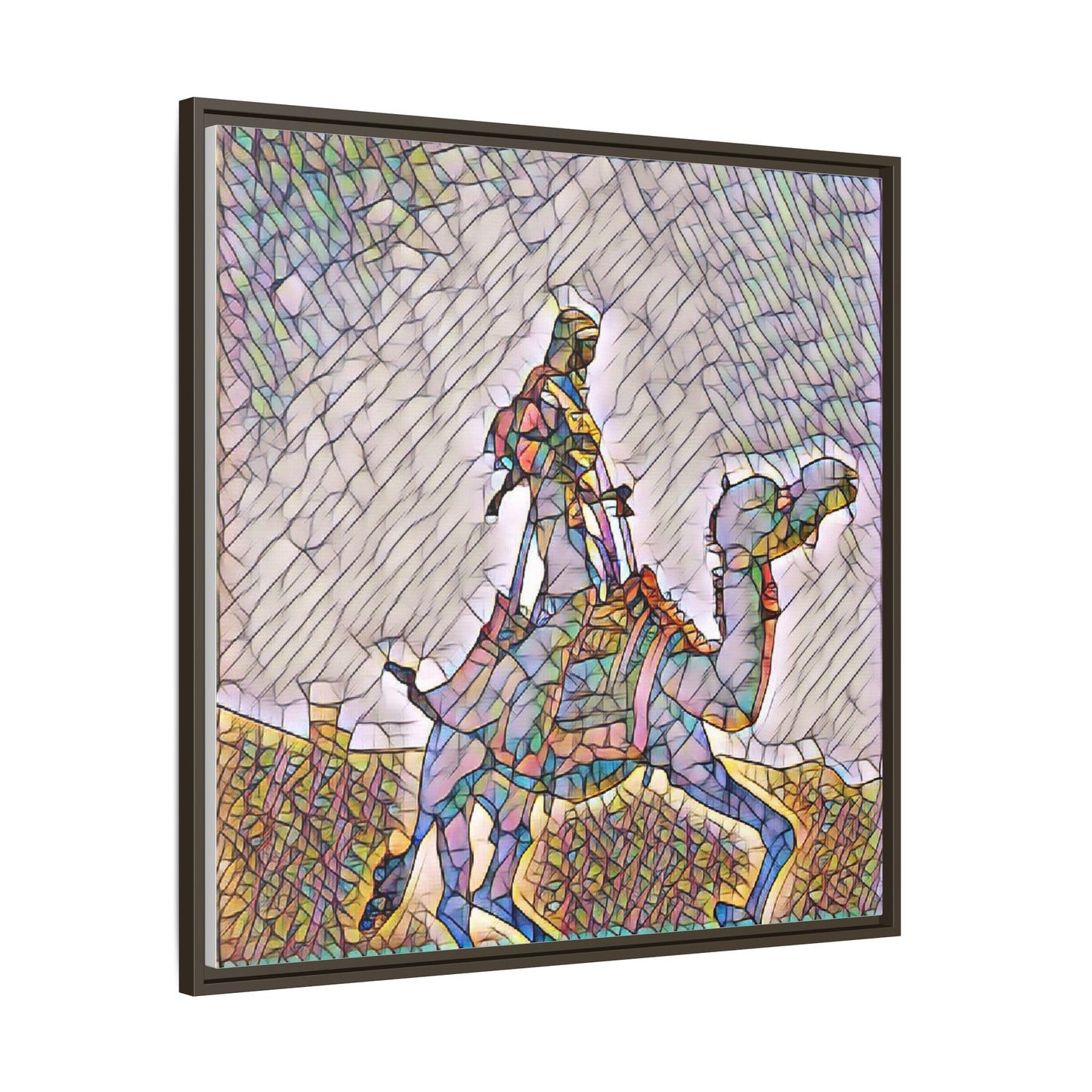 Framed Camel Rider Matte Canvas Art — Colorful Mosaic Desert Wall Decor