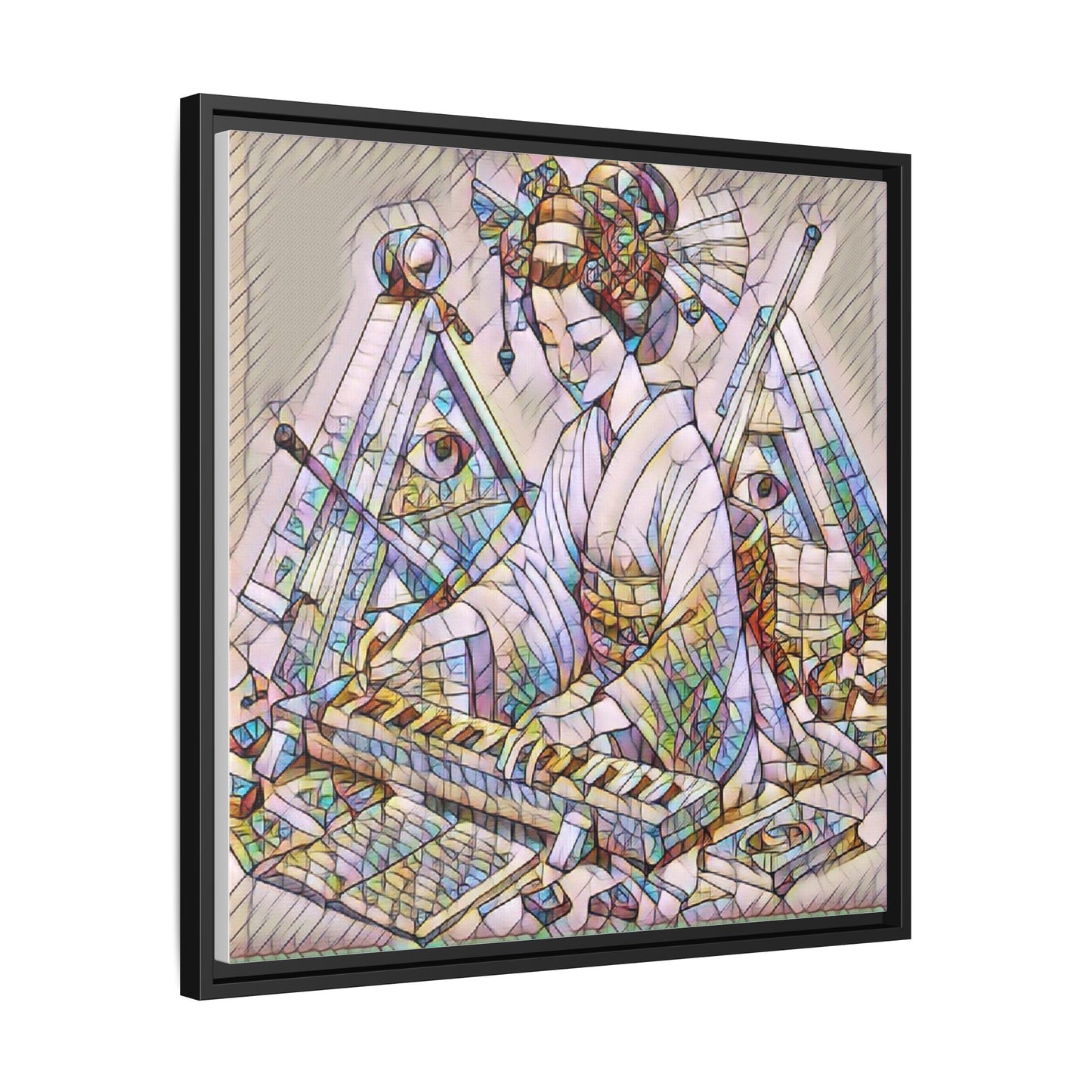 Framed Matte Canvas: Stained-Glass Geisha Wall Art