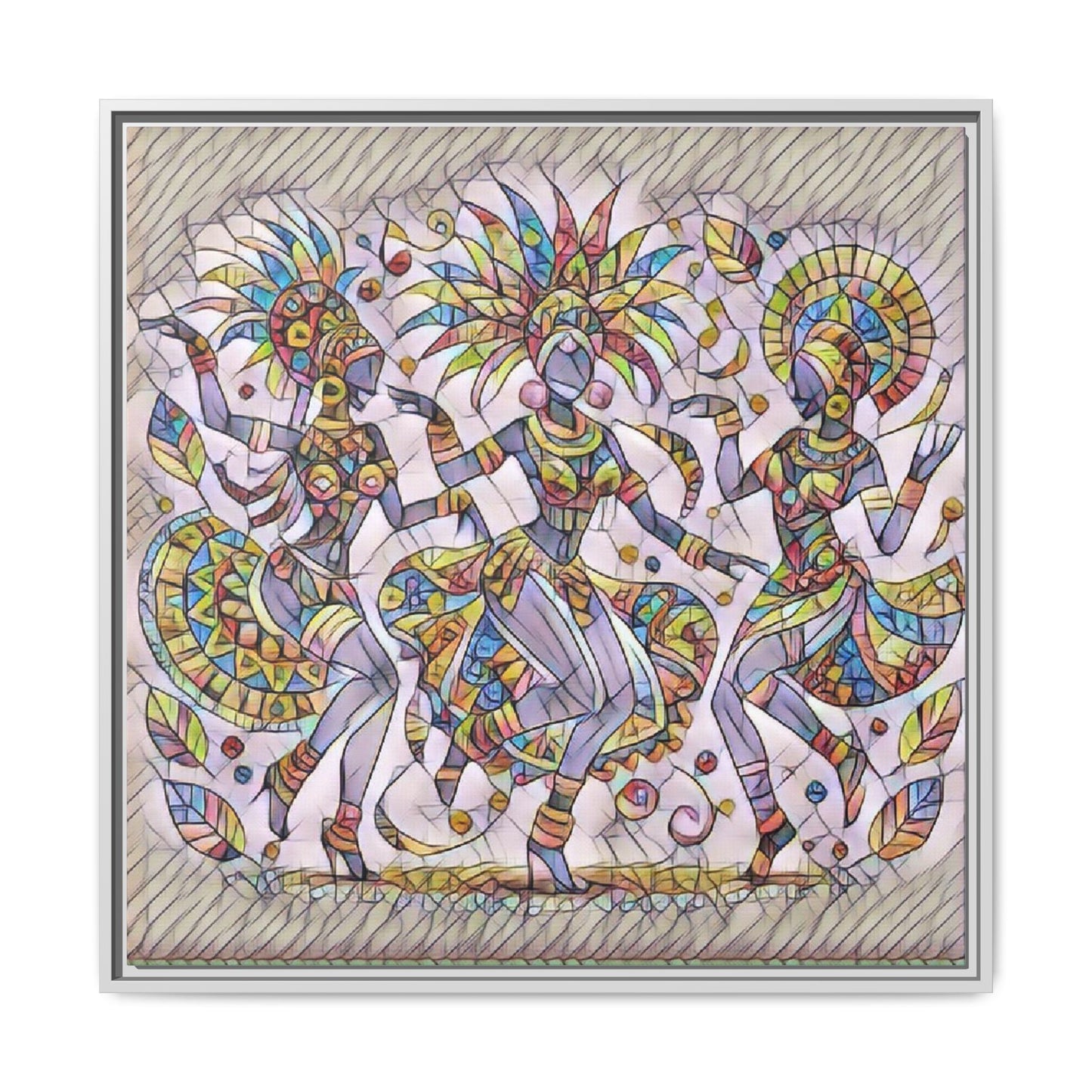Colorful Carnival Dancers Framed Canvas Art — Multicolor Tribal Celebration Print