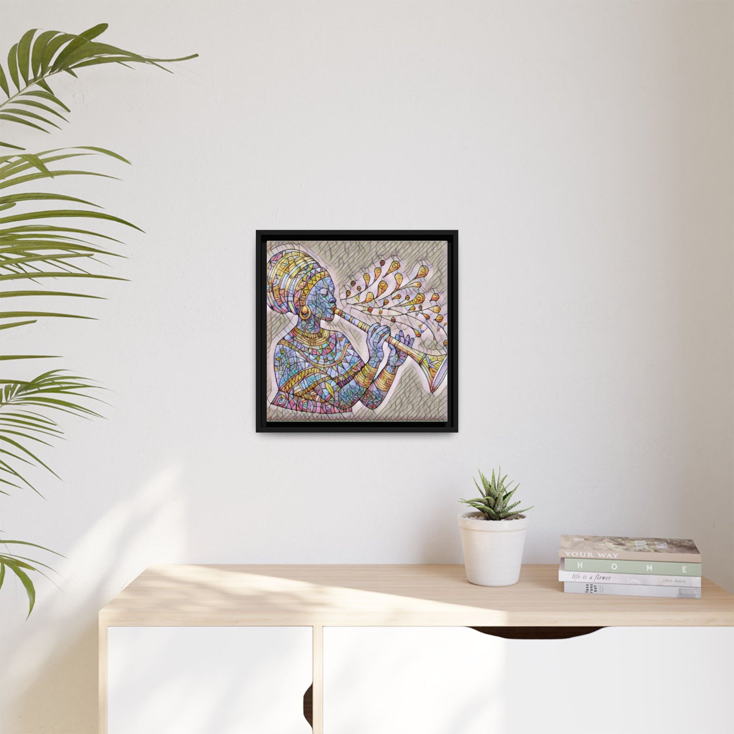 Framed Matte Canvas Art – Colorful African Musician Trumpet Print