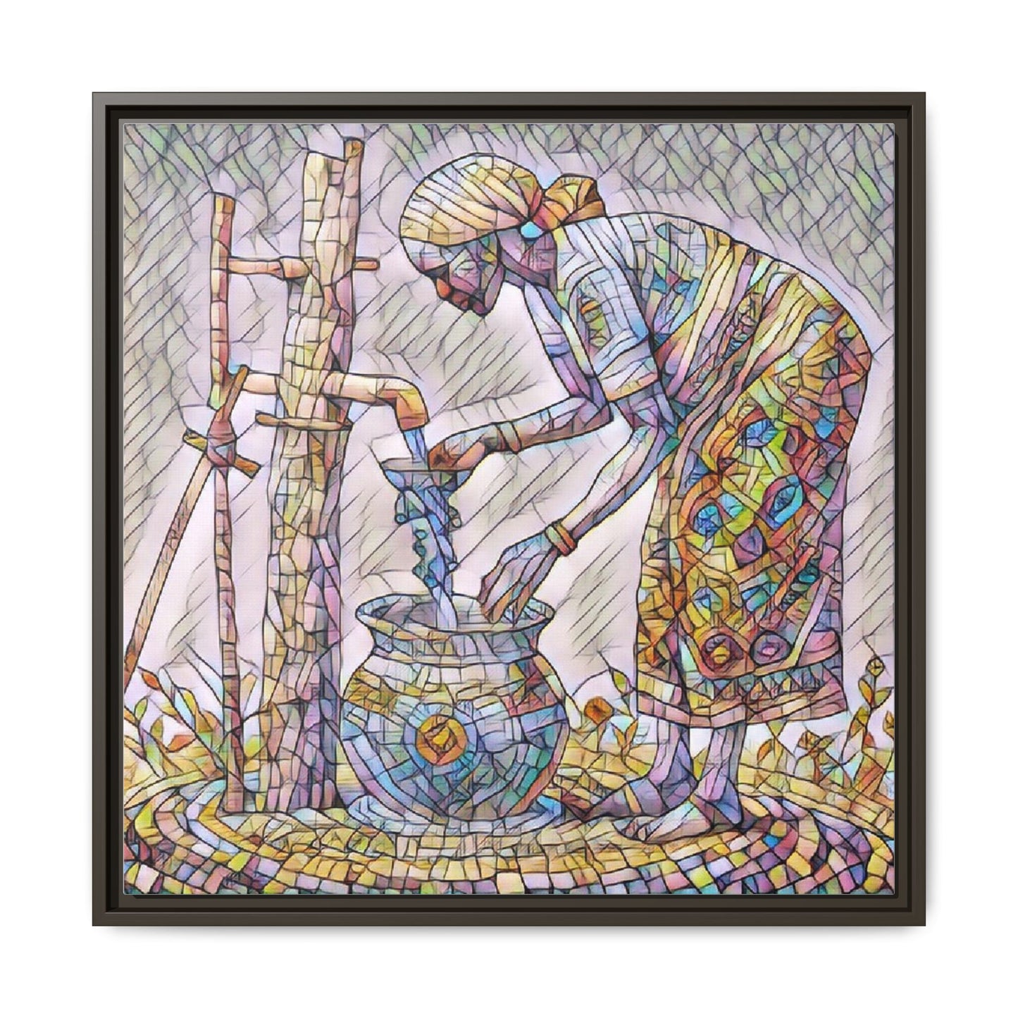 Framed Matte Canvas Art — Colorful Mosaic Woman at Well