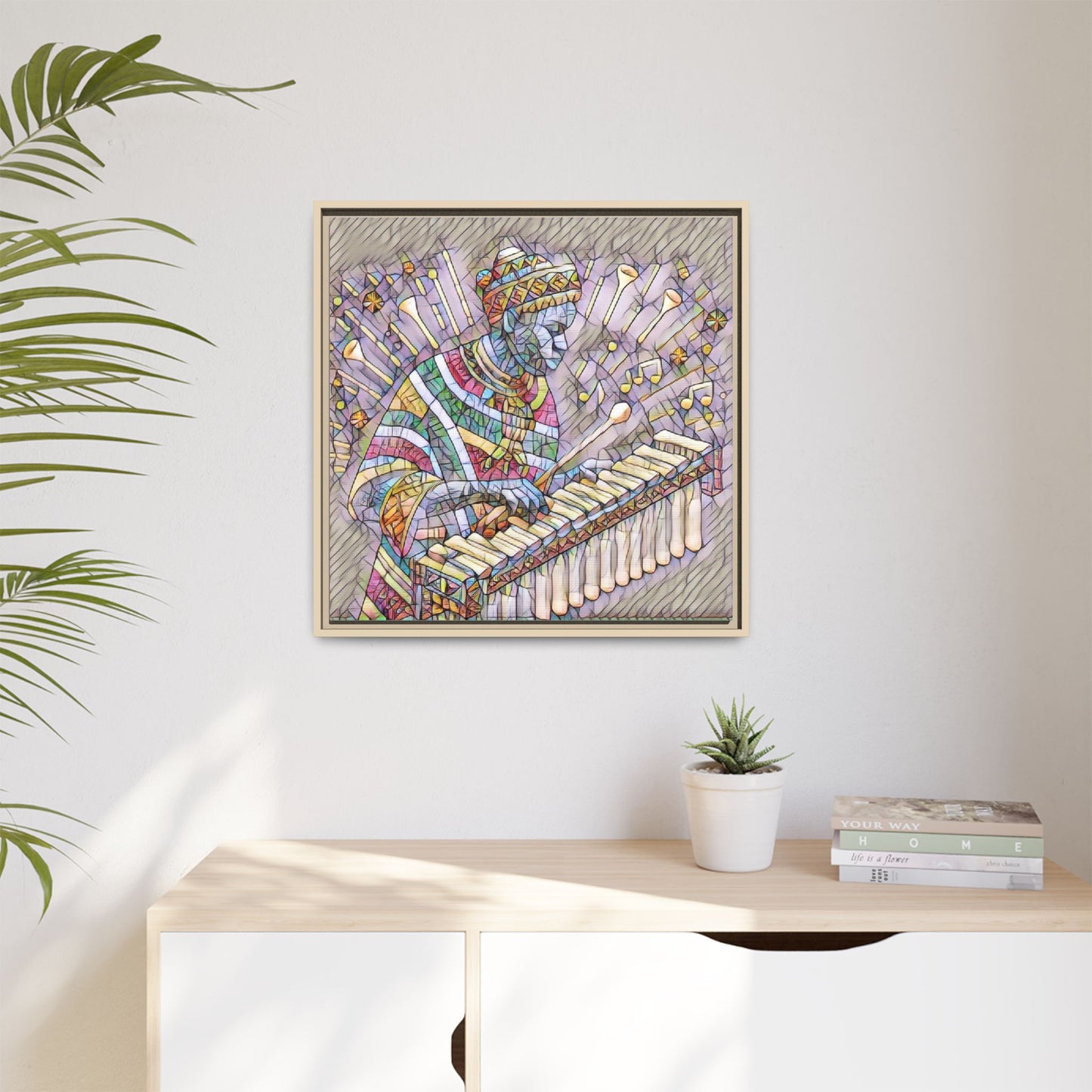 Colorful Marimba Musician Matte Framed Canvas — Vibrant African Instrument Wall Art