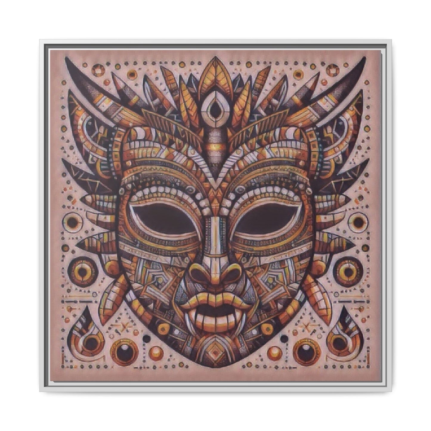 Tribal Mask Framed Canvas Art — Multicolor Matte Wall Decor