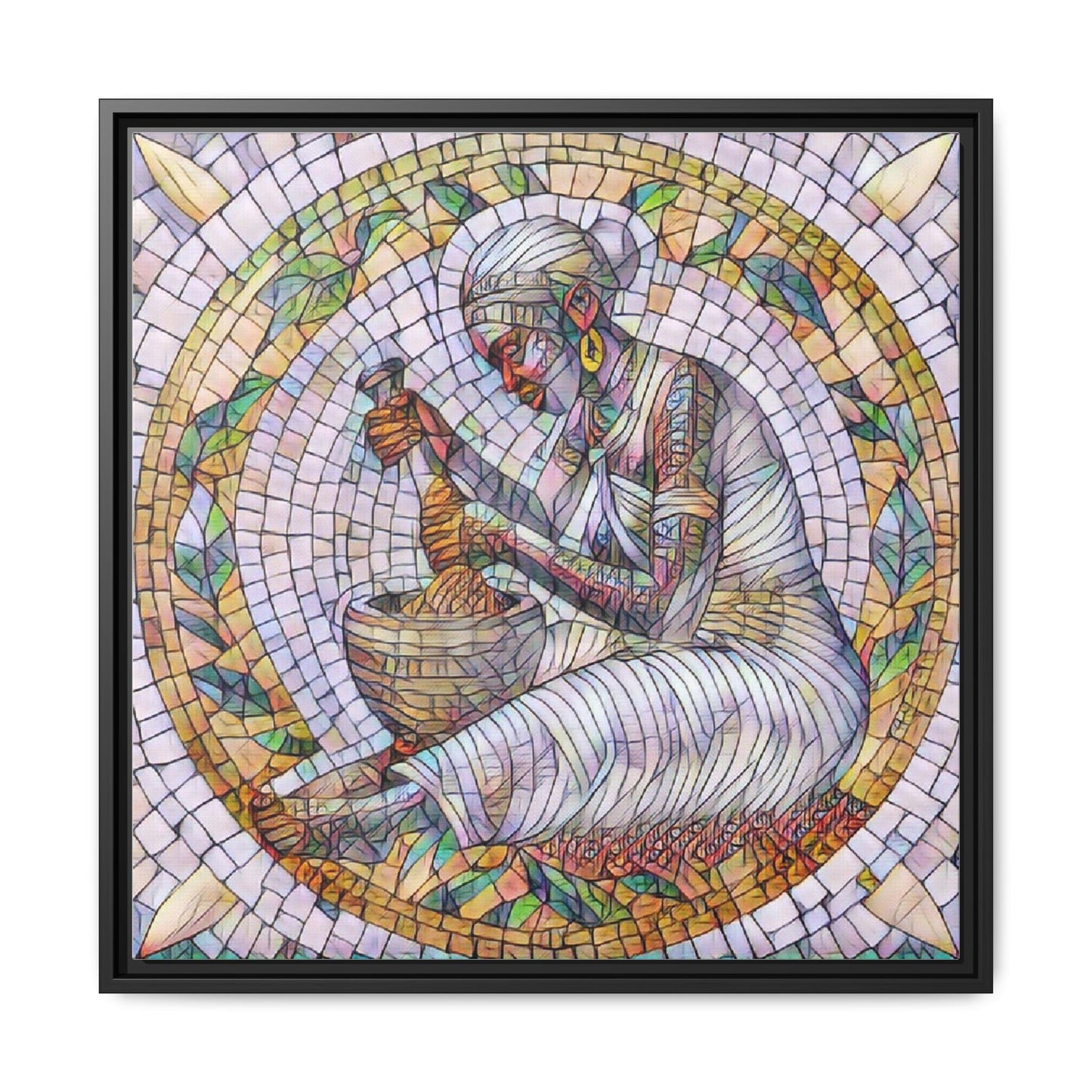Framed Mosaic Art Print — Woman Grinding Grain (Matte Canvas)