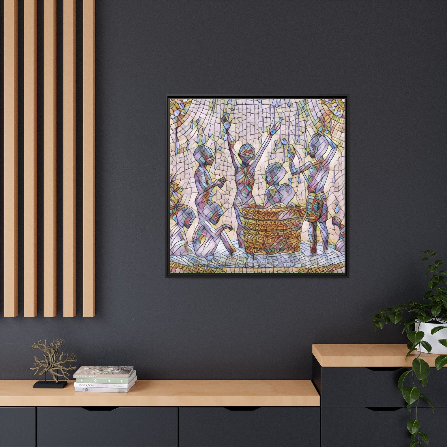 Framed Matte Canvas Art — Children Playing Mosaic Illustration