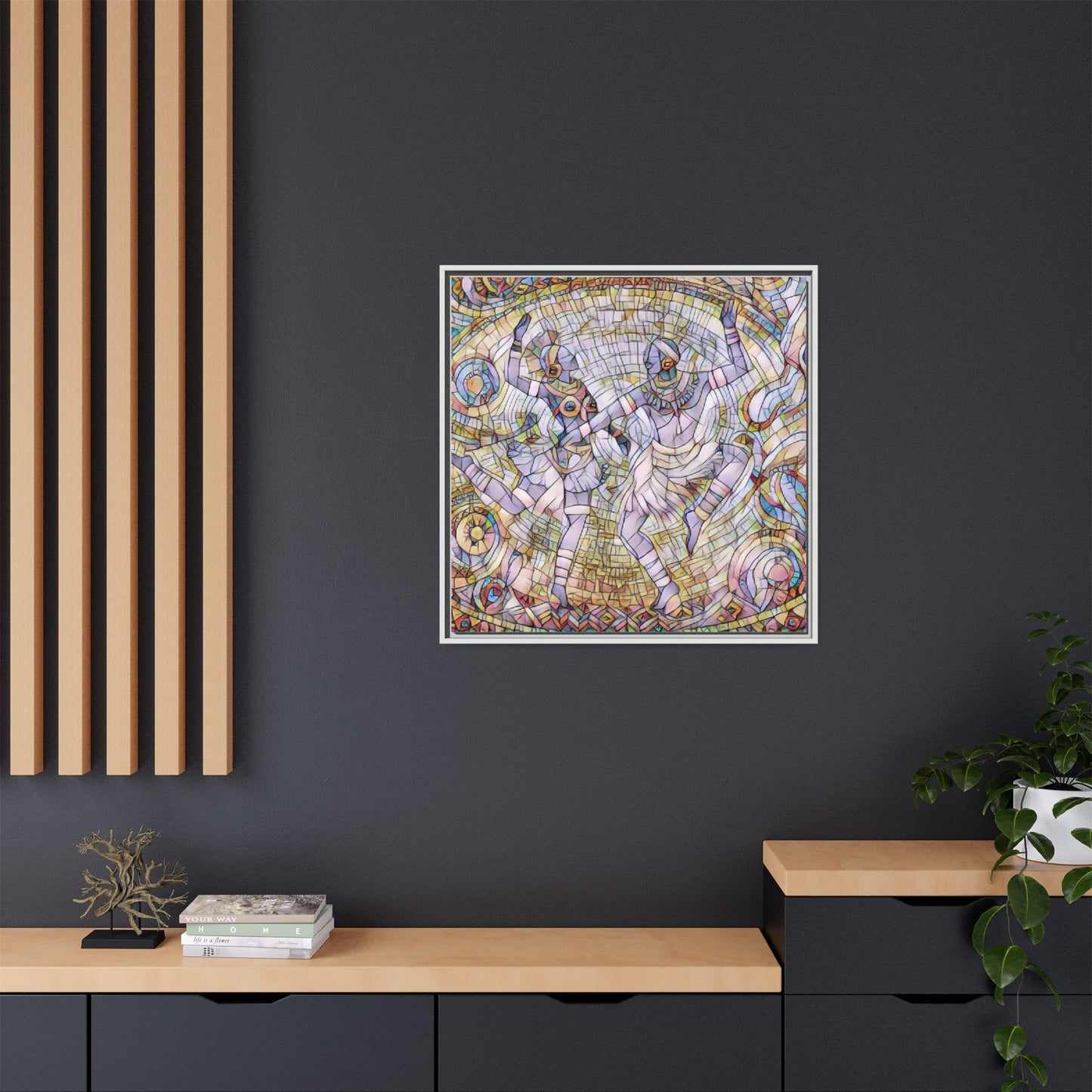 Abstract Dancers Matte Framed Canvas Wall Art — Multi‑Color Stained Glass Style