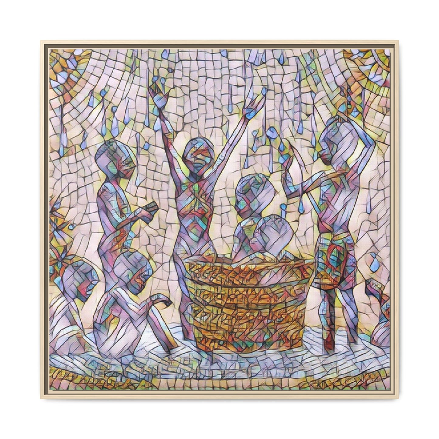 Framed Matte Canvas Art — Children Playing Mosaic Illustration