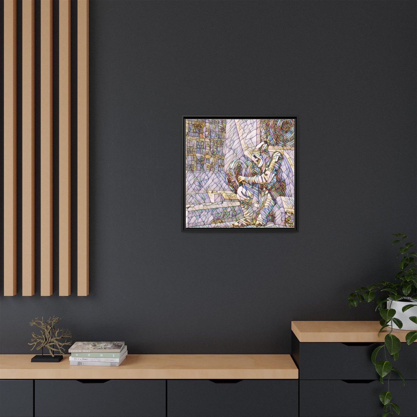 Framed Matte Canvas Art — Colorful Stained-Glass Astronaut Embrace