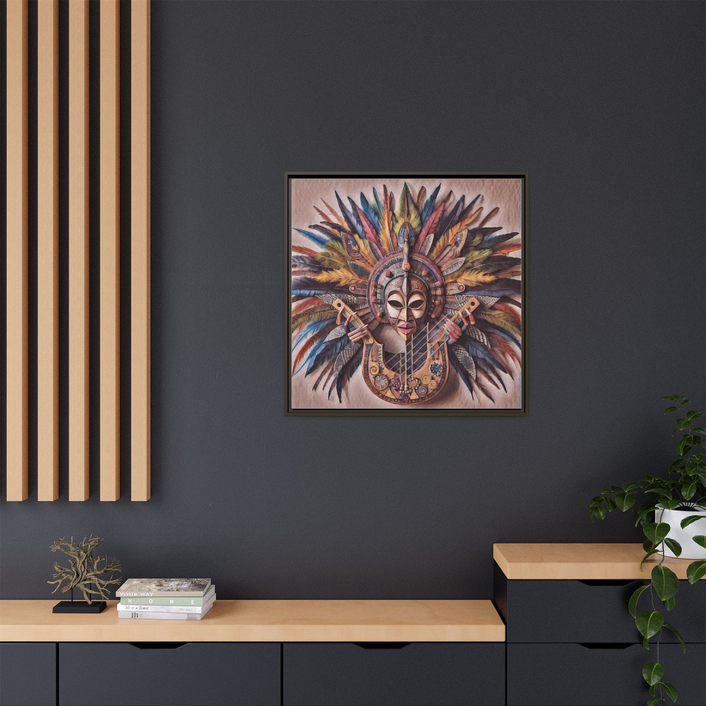 Tribal Feather Mask Guitar Framed Canvas Art — Colorful Boho Wall Decor