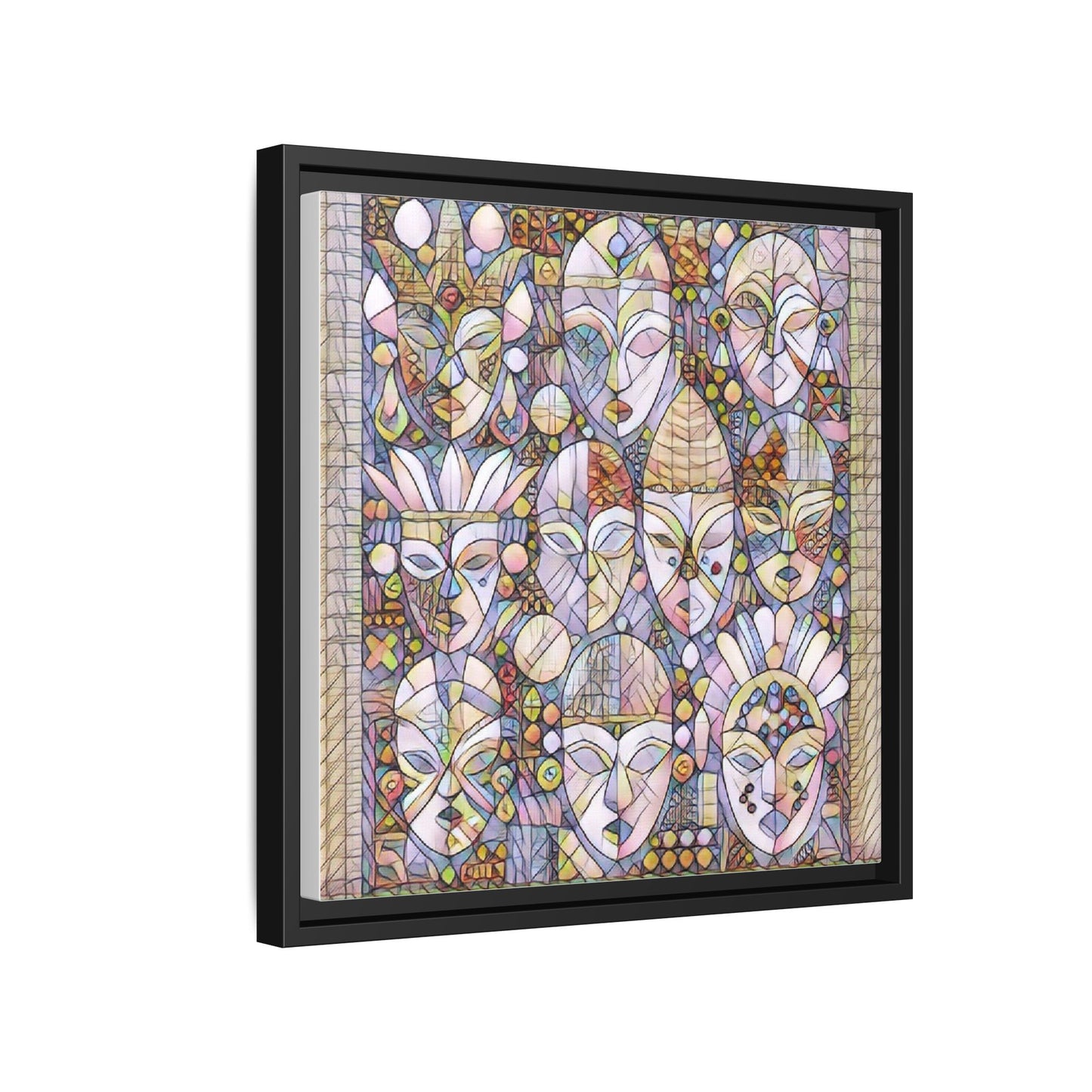 Framed Abstract Mask Art Canvas — Multicolor Stained-Glass Faces Wall Decor