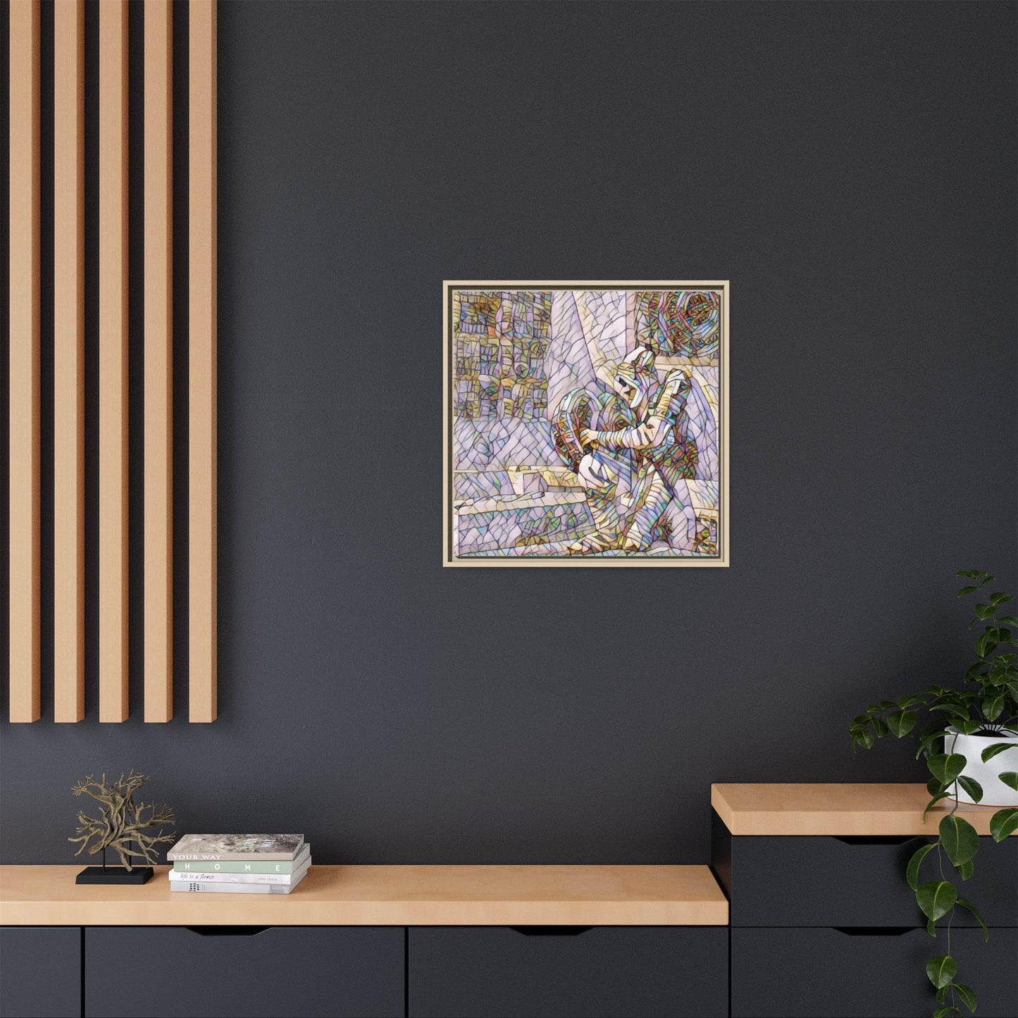 Framed Matte Canvas Art — Colorful Stained-Glass Astronaut Embrace