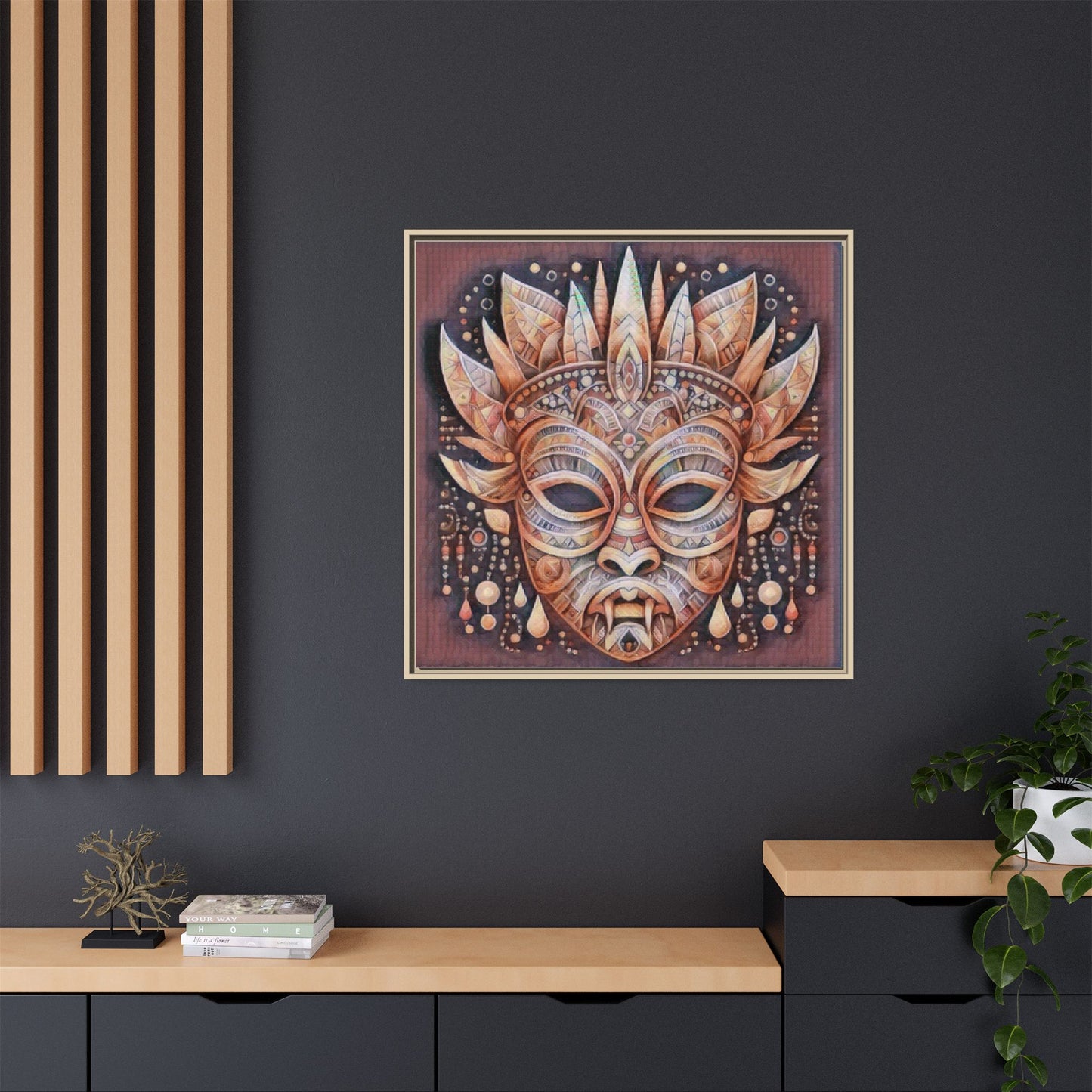 Tribal Sun Mask Framed Canvas Art — Boho Ethnic Wall Decor
